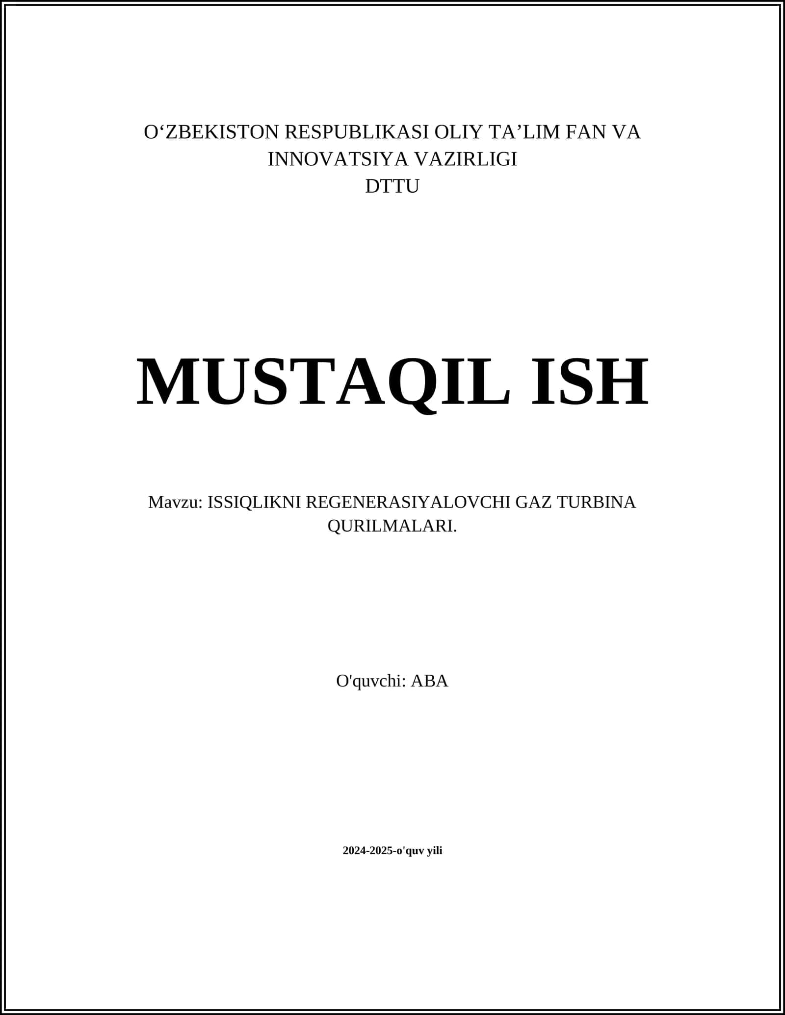 ISSIQLIKNI REGENERASIYALOVCHI GAZ TURBINA QURILMALARI