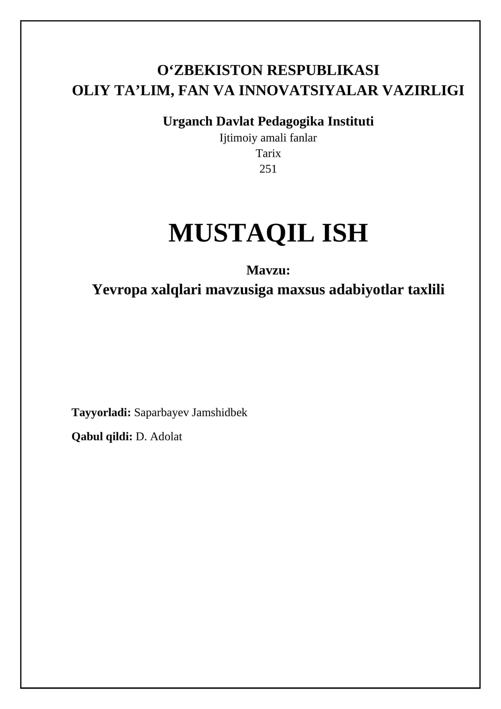 Yevropa xalqlari mavzusiga maxsus adabiyotlar taxlili