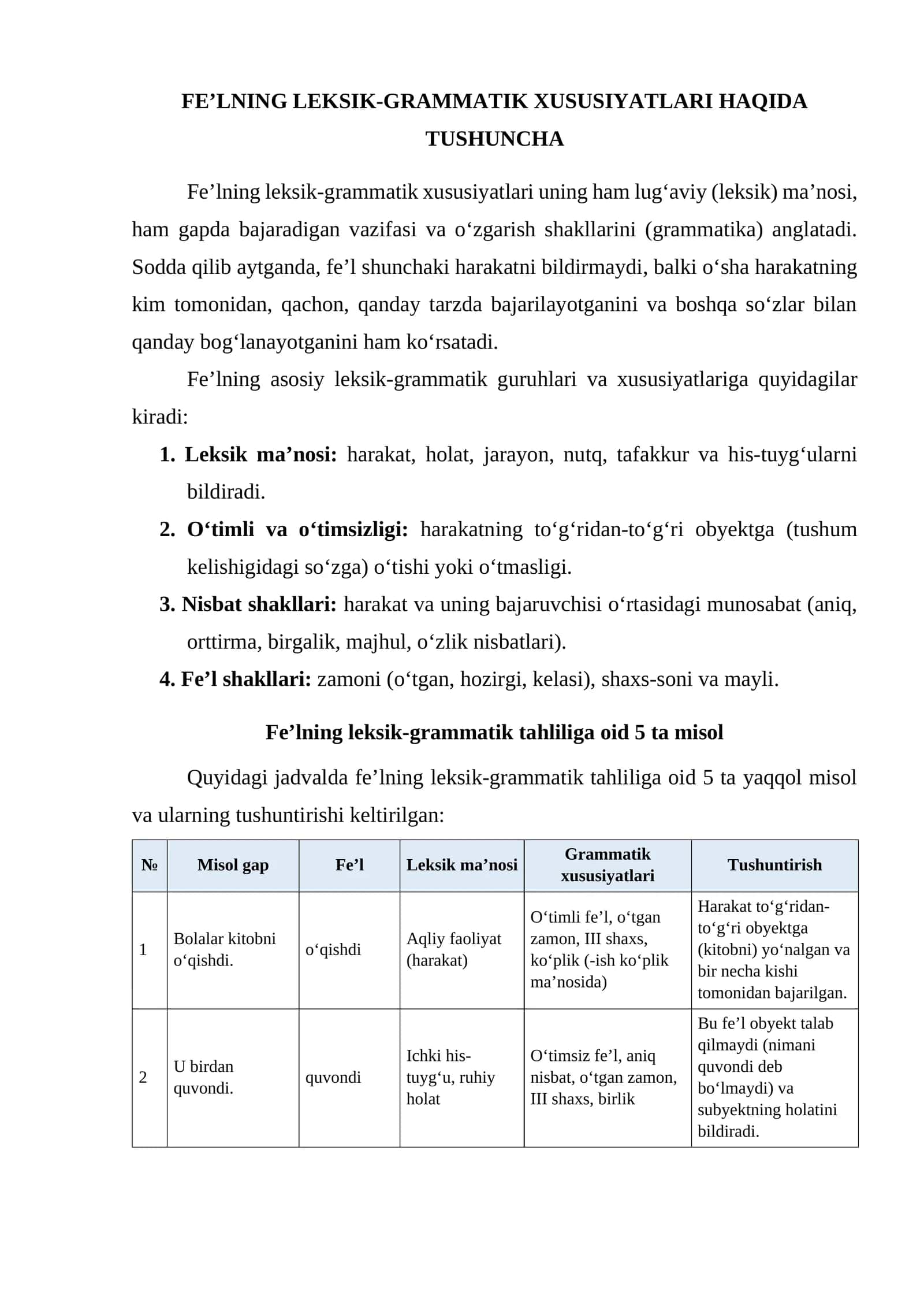 FEʼLNING LEKSIK-GRAMMATIK XUSUSIYATLARI