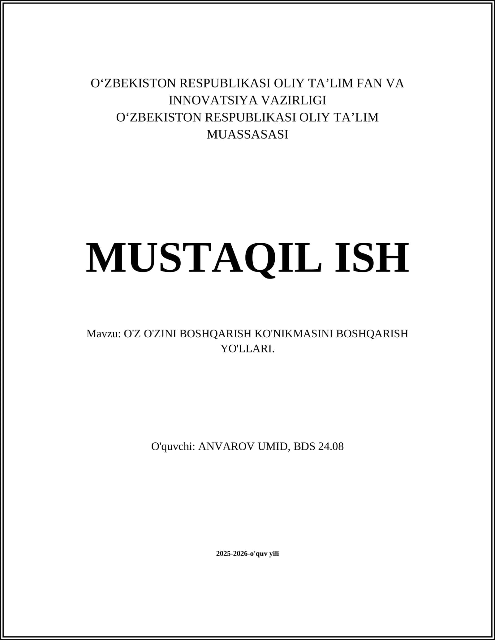 O'Z O'ZINI BOSHQARISH KO'NIKMASINI BOSHQARISH YO'LLARI