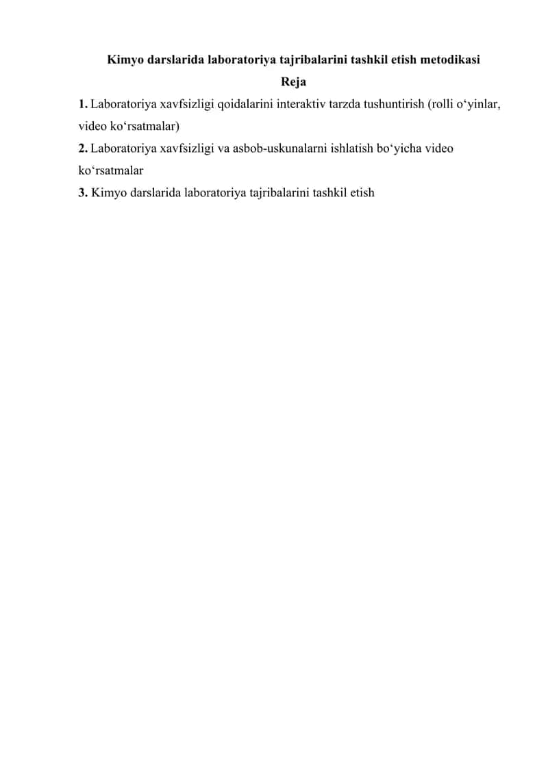 Kimyo darslarida laboratoriya tajribalarini tashkil etish metodikasi
