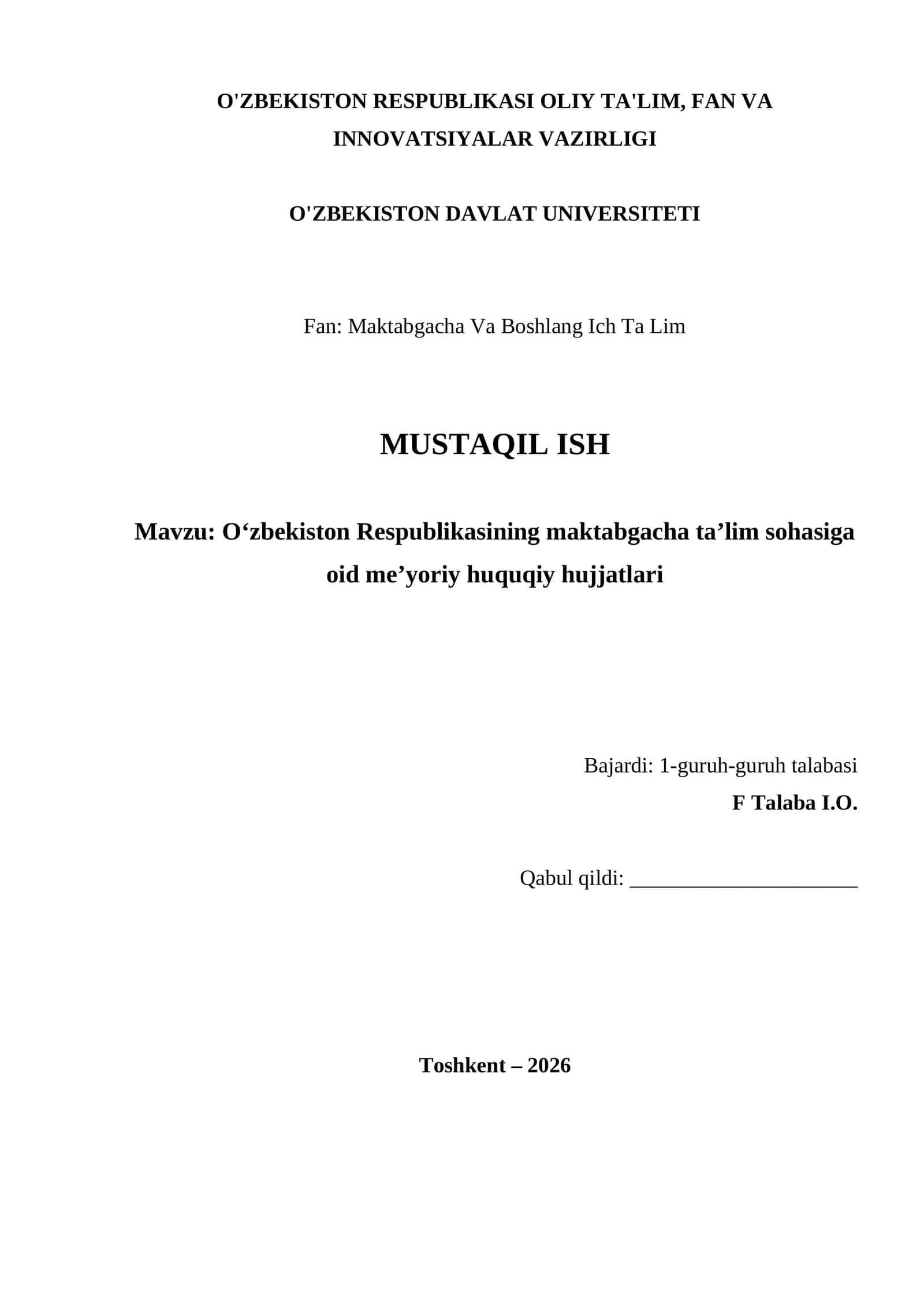 O‘zbekiston Respublikasining maktabgacha ta’lim sohasiga oid me’yoriy huquqiy hujjatlari