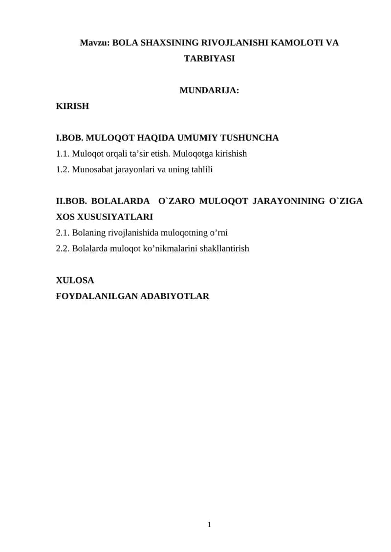 BOLA SHAXSINING RIVOJLANISHI KAMOLOTI VA TARBIYASI