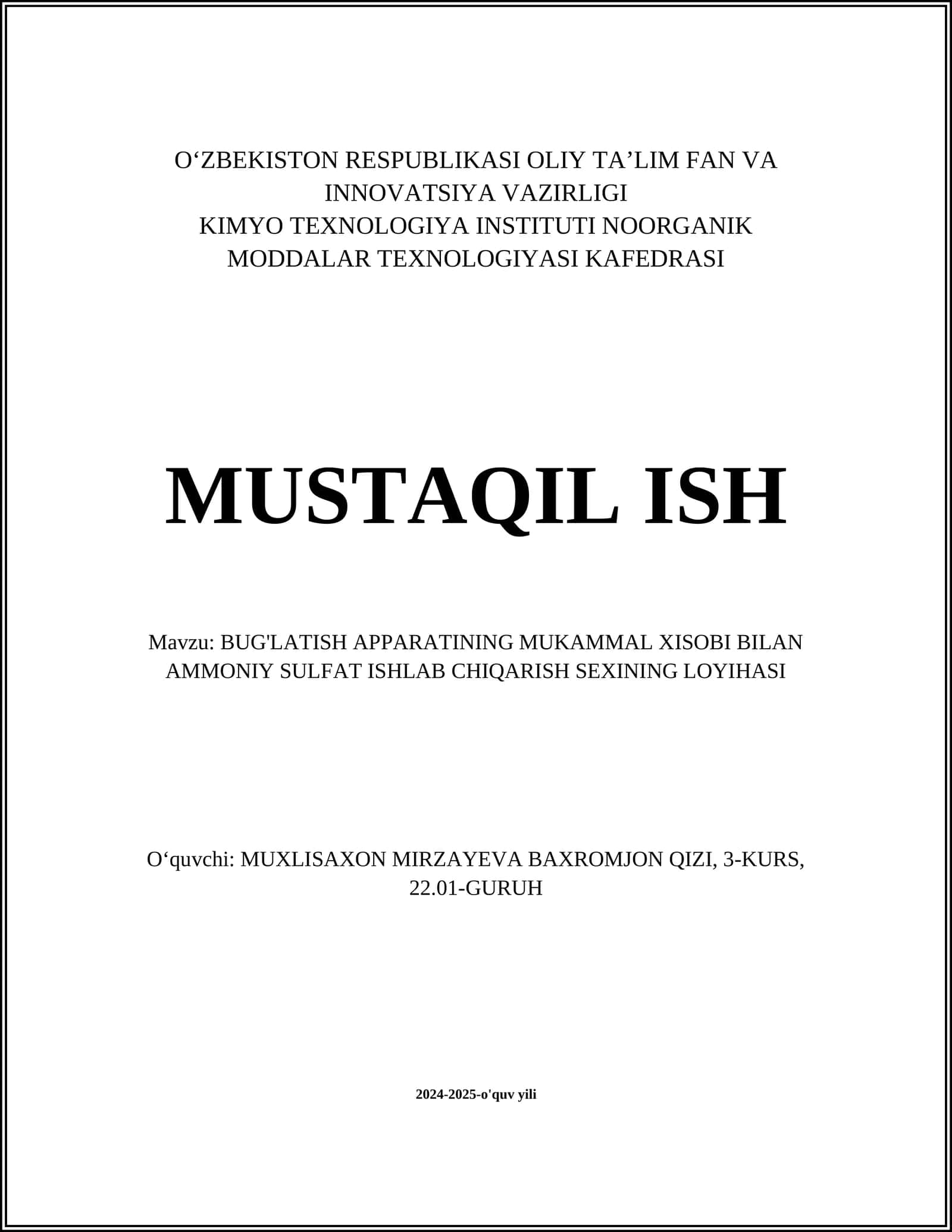 BUG'LATISH APPARATINING MUKAMMAL XISOBI BILAN AMMONIY SULFAT ISHLAB CHIQARISH SEXINING LOYIHASI