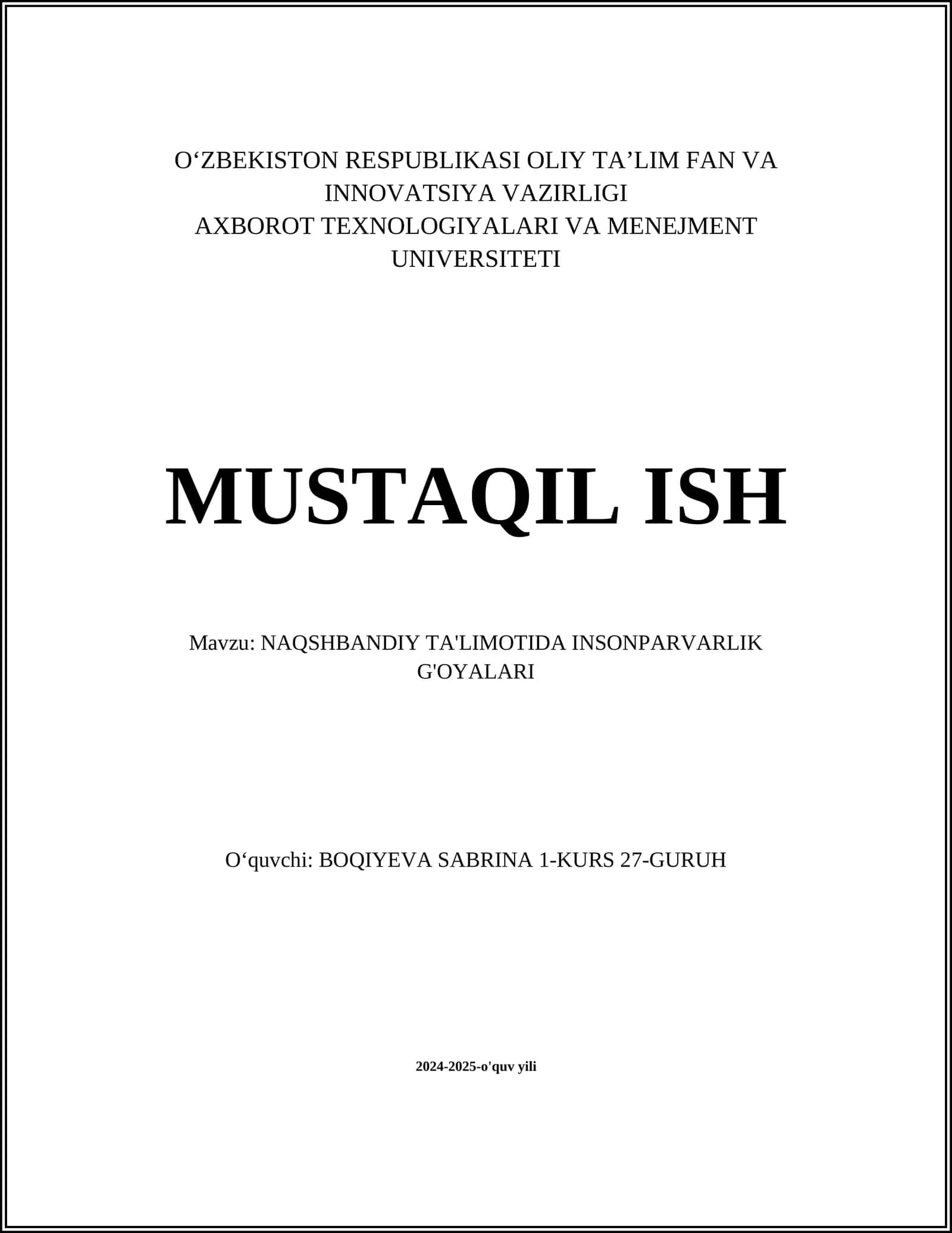 NAQSHBANDIY TA'LIMOTIDA INSONPARVARLIK G'OYALARI