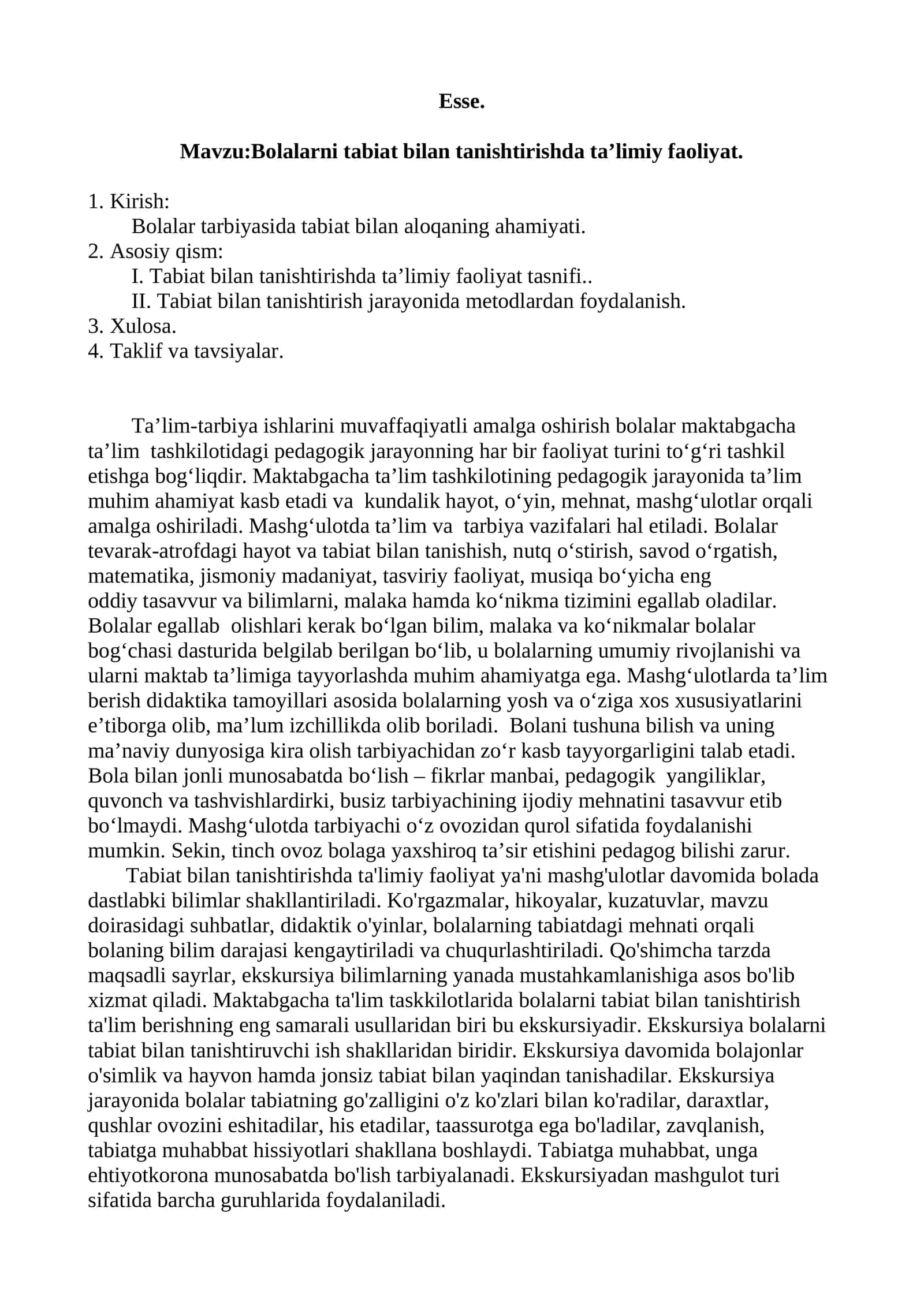 esse Bolalarni tabiat bilan tanishtirishda ta’limiy faoliyat.