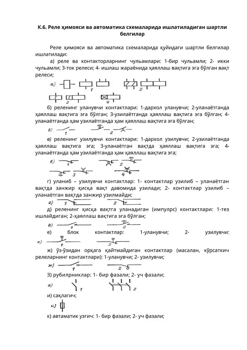 Реле ҳимояси ва автоматика схемаларида ишлатиладиган шартли белгилар
