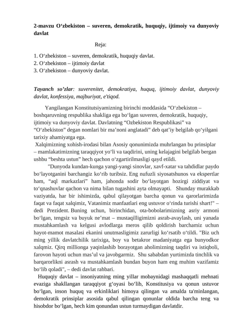 O‘zbekiston – suveren, demokratik, huquqiy, ijtimoiy va dunyoviy davlat