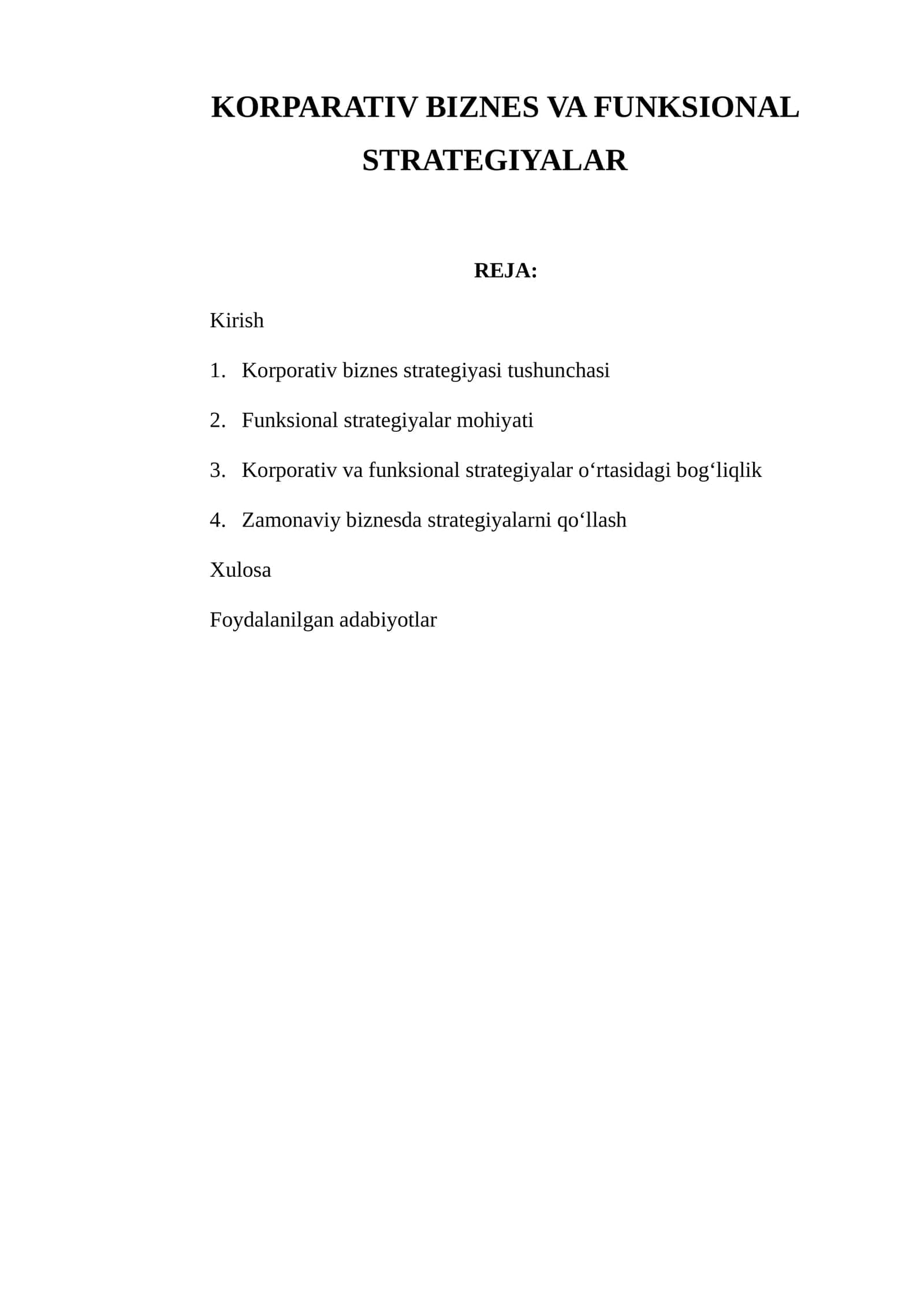 KORPORATIV BIZNES VA FUNKSIONAL STRATEGIYALAR