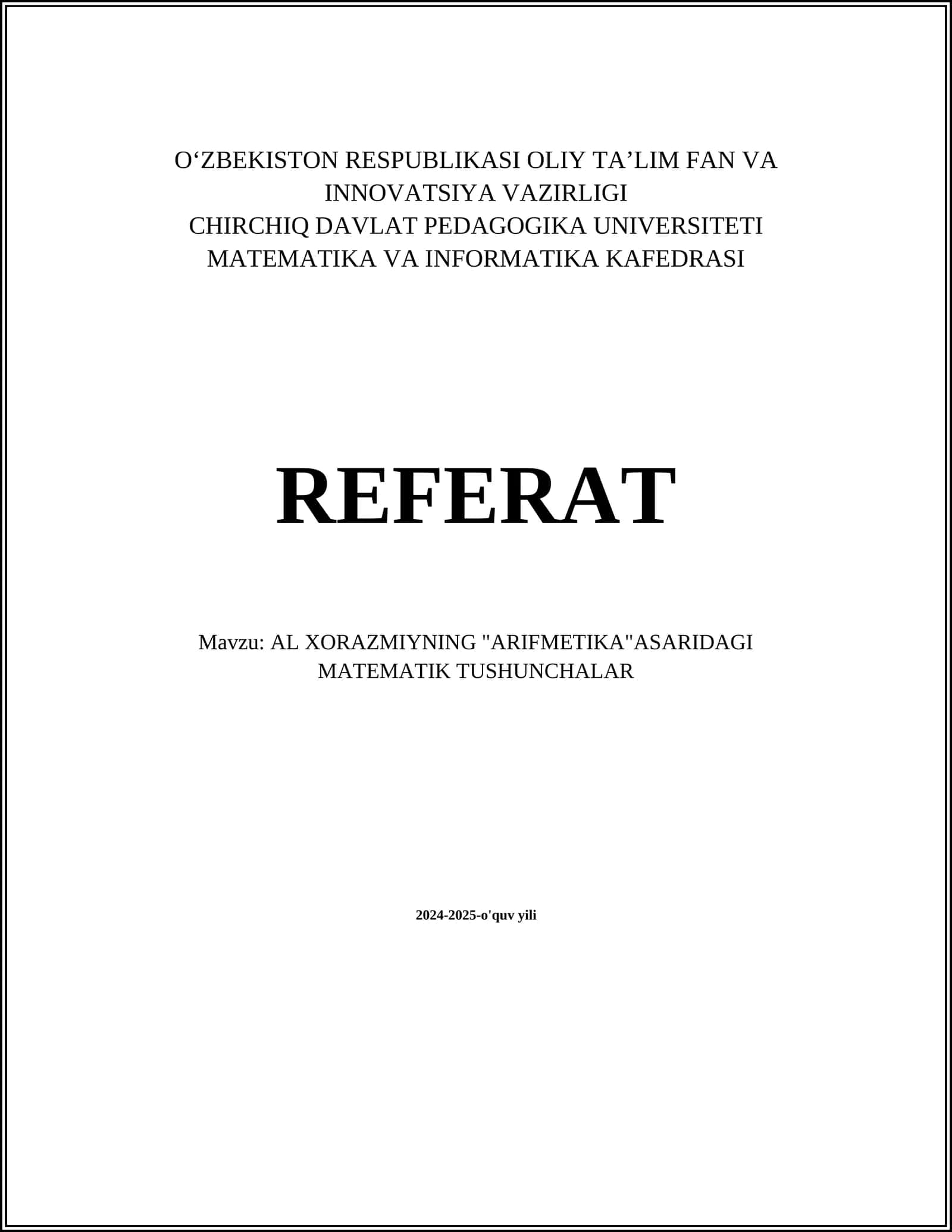 AL XORAZMIYNING "ARIFMETIKA"ASARIDAGI MATEMATIK TUSHUNCHALAR
