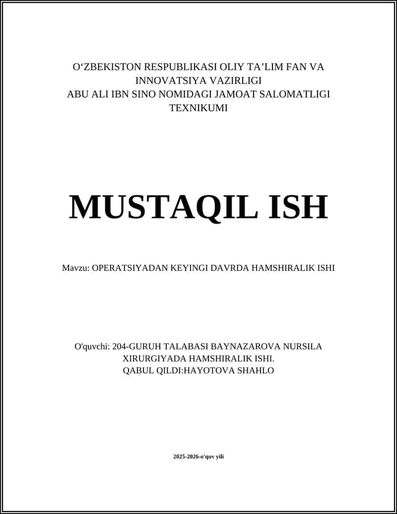 OPERATSIYADAN KEYINGI DAVRDA HAMSHIRALIK ISHI