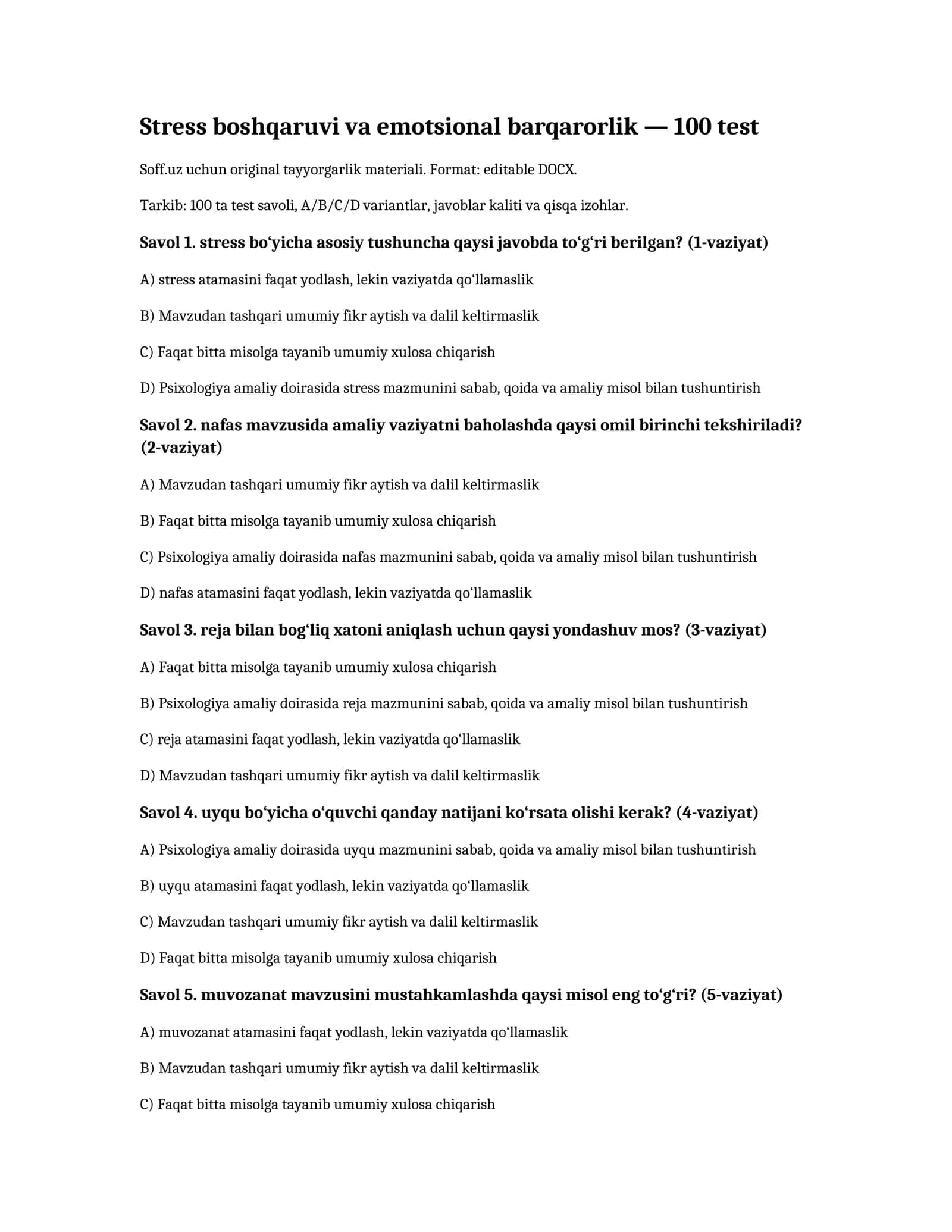 Stress boshqaruvi va emotsional barqarorlik — 100 test