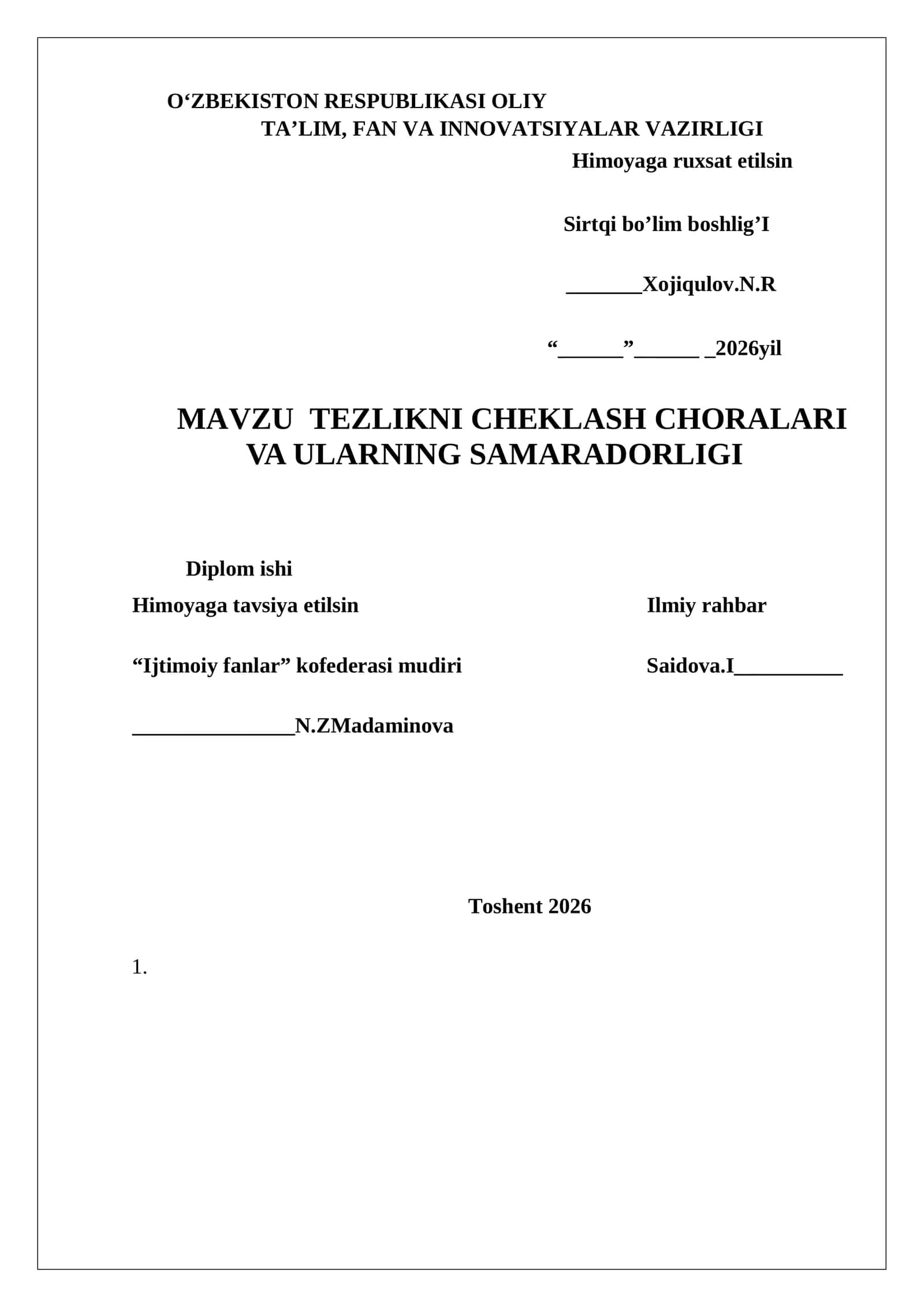 MAVZU TEZLIKNI CHEKLASH CHORALARI VA ULARNING SAMARADORLIGI