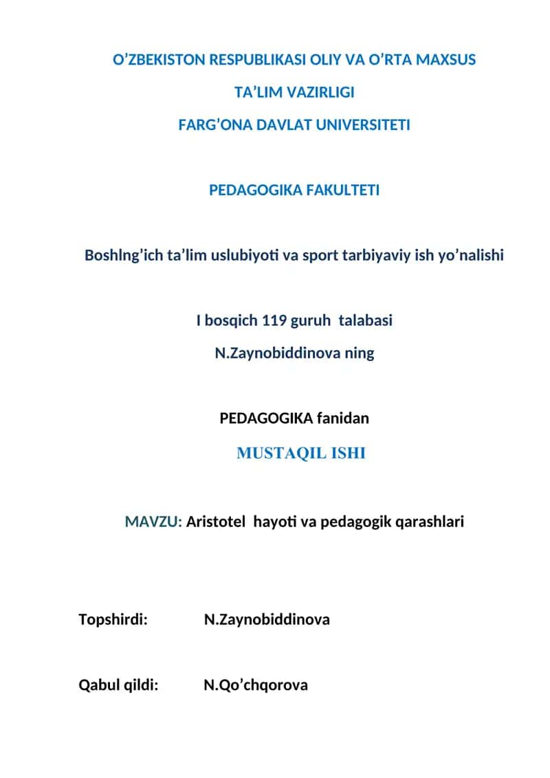 Aristotel hayoti va pedagogik qarashlari