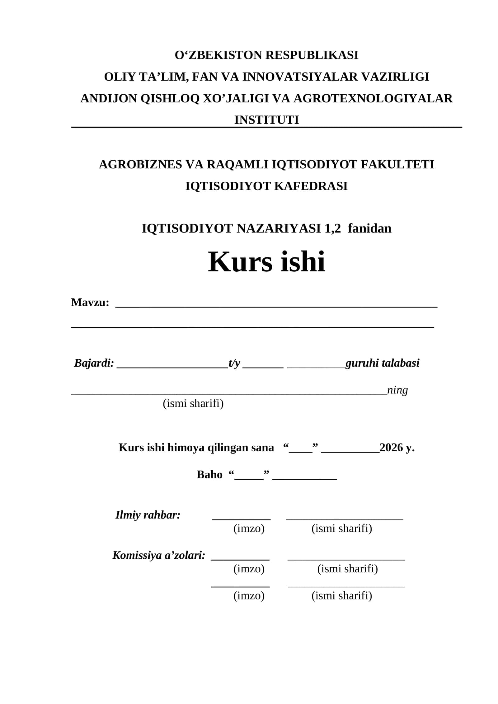 IQTISODIYOT NAZARIYASI 1,2 fanidan Kurs ishi