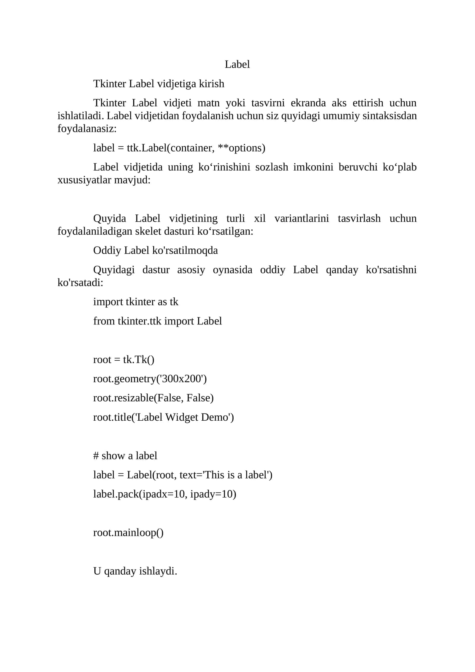 Tkinter Label vidjetiga kirish
