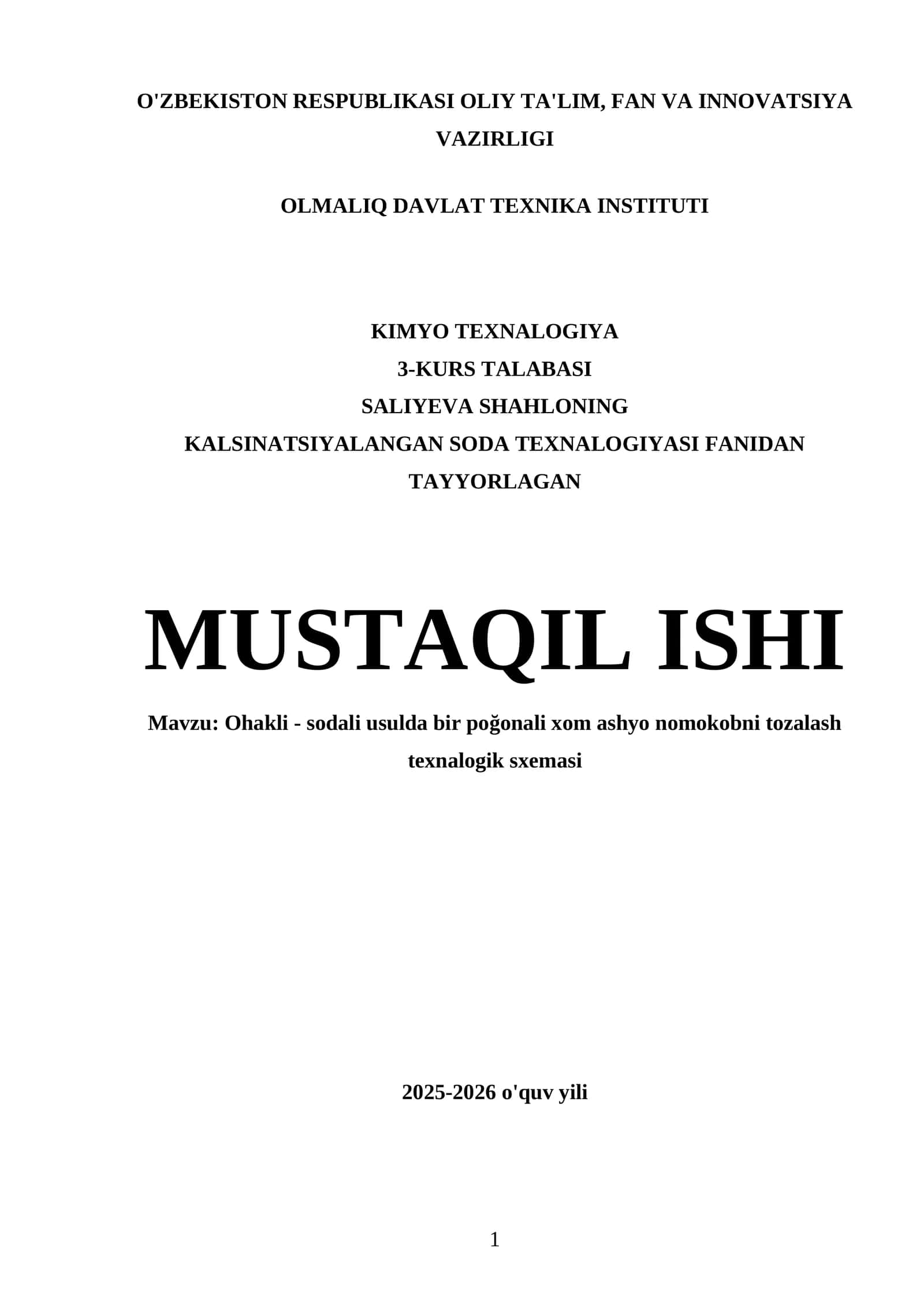 Mustaqil ishi: Ohakli - sodali usulda bir poğonali xom ashyo nomokobni tozalash texnalogik sxemasi