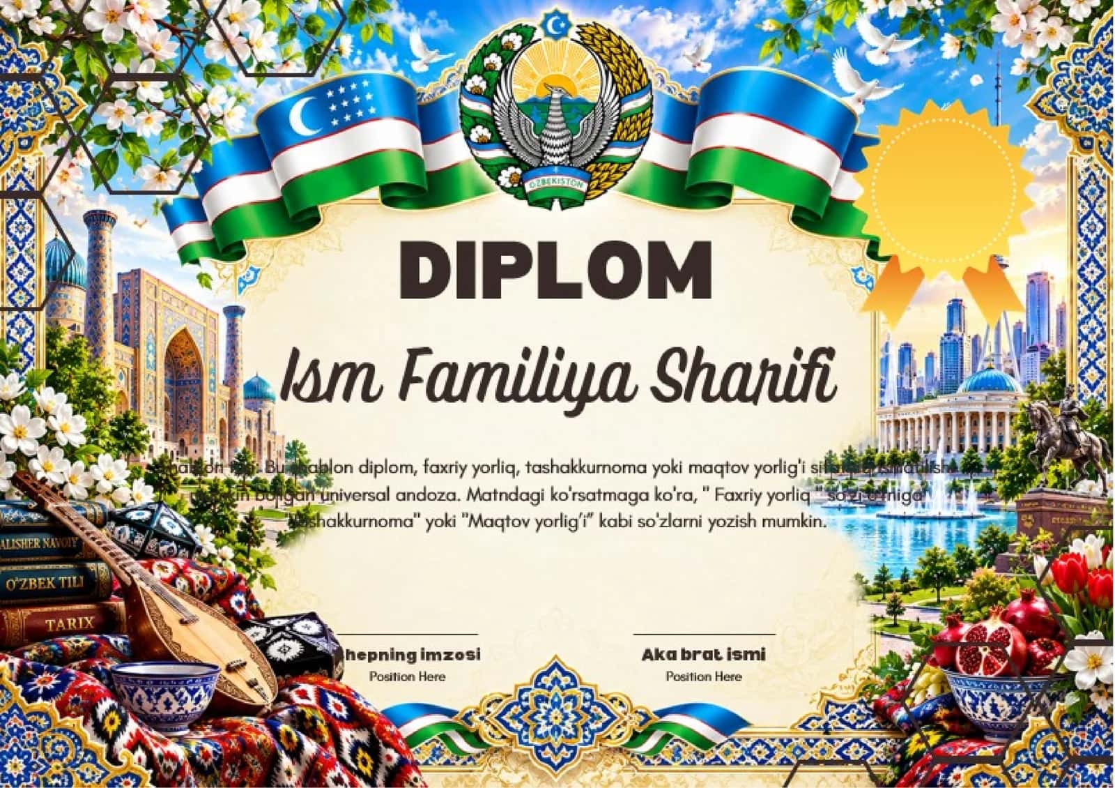 Shablon diplom, sertifikat, faxriy yorliq, tashakkurnoma yoki maqtov yorlig'i