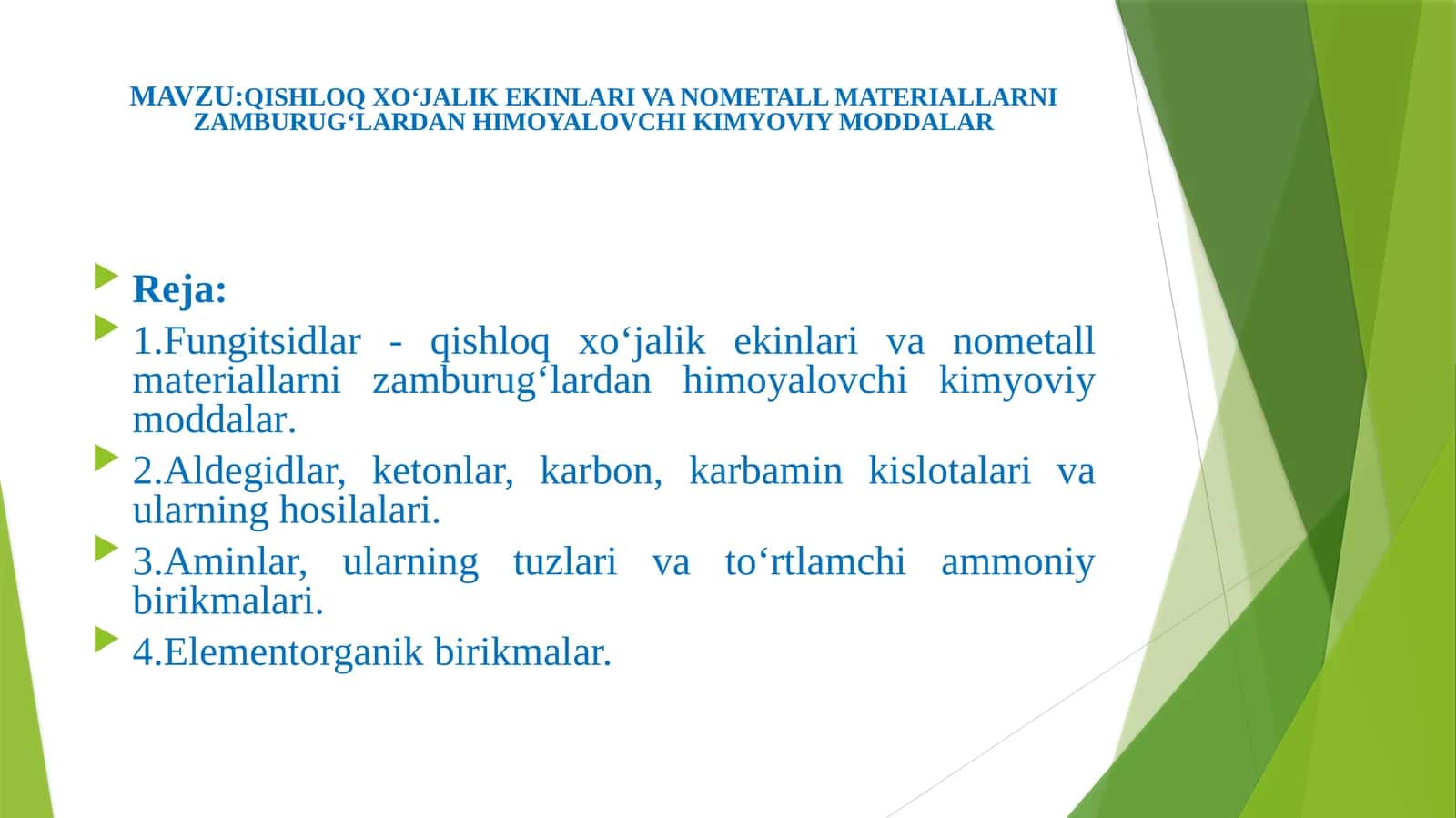 QISHLOQ XO‘JALIK EKINLARI VA NOMETALL MATERIALLARNI ZAMBURUG‘LARDAN HIMOYALOVCHI KIMYOVIY MODDALAR