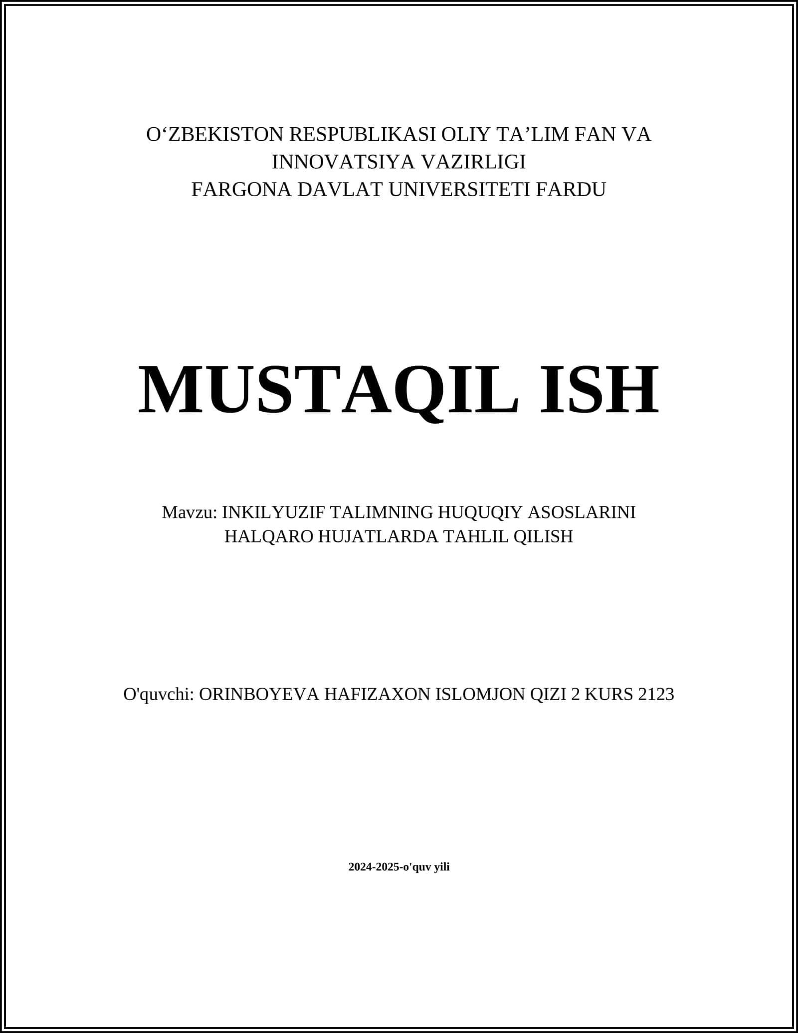 INKILYUZIF TALIMNING HUQUQIY ASOSLARINI HALQARO HUJATLARDA TAHLIL QILISH