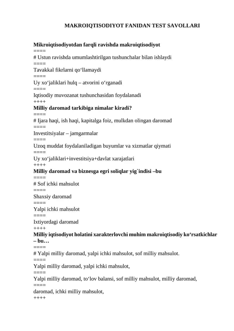 MAKROIQTISODIYOT FANIDAN TEST SAVOLLARI