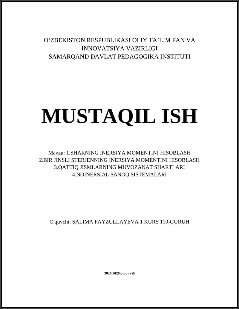 Sharning Inersiya Momentini Hisoblash