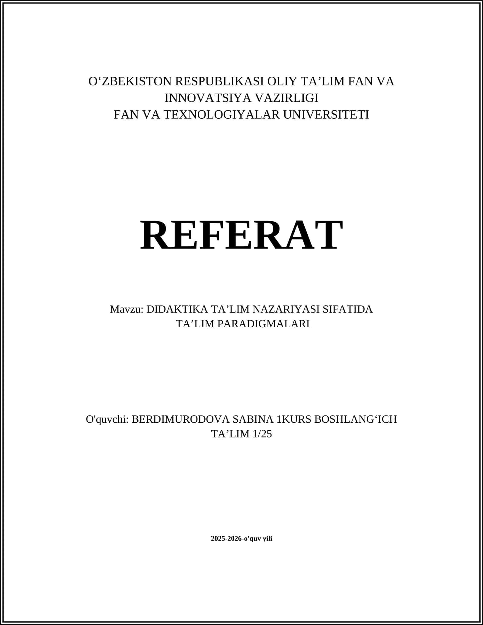 DIDAKTIKA TAʼLIM NAZARIYASI SIFATIDA
