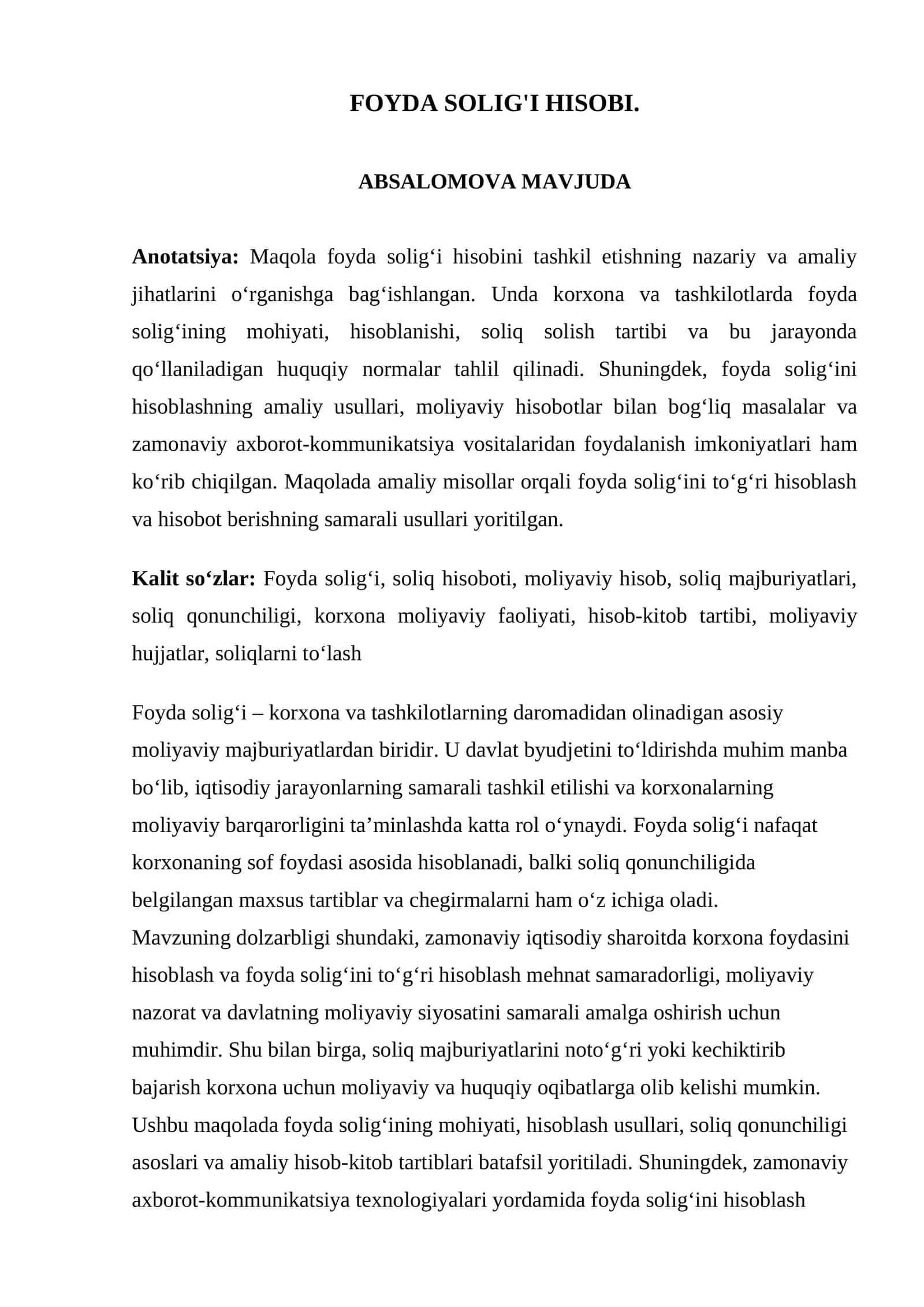 FOYDA SOLIG'I HISOBI