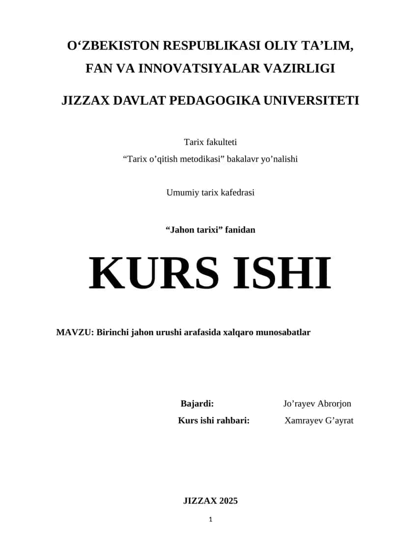 Birinchi jahon urushi arafasida xalqaro munosabatlar