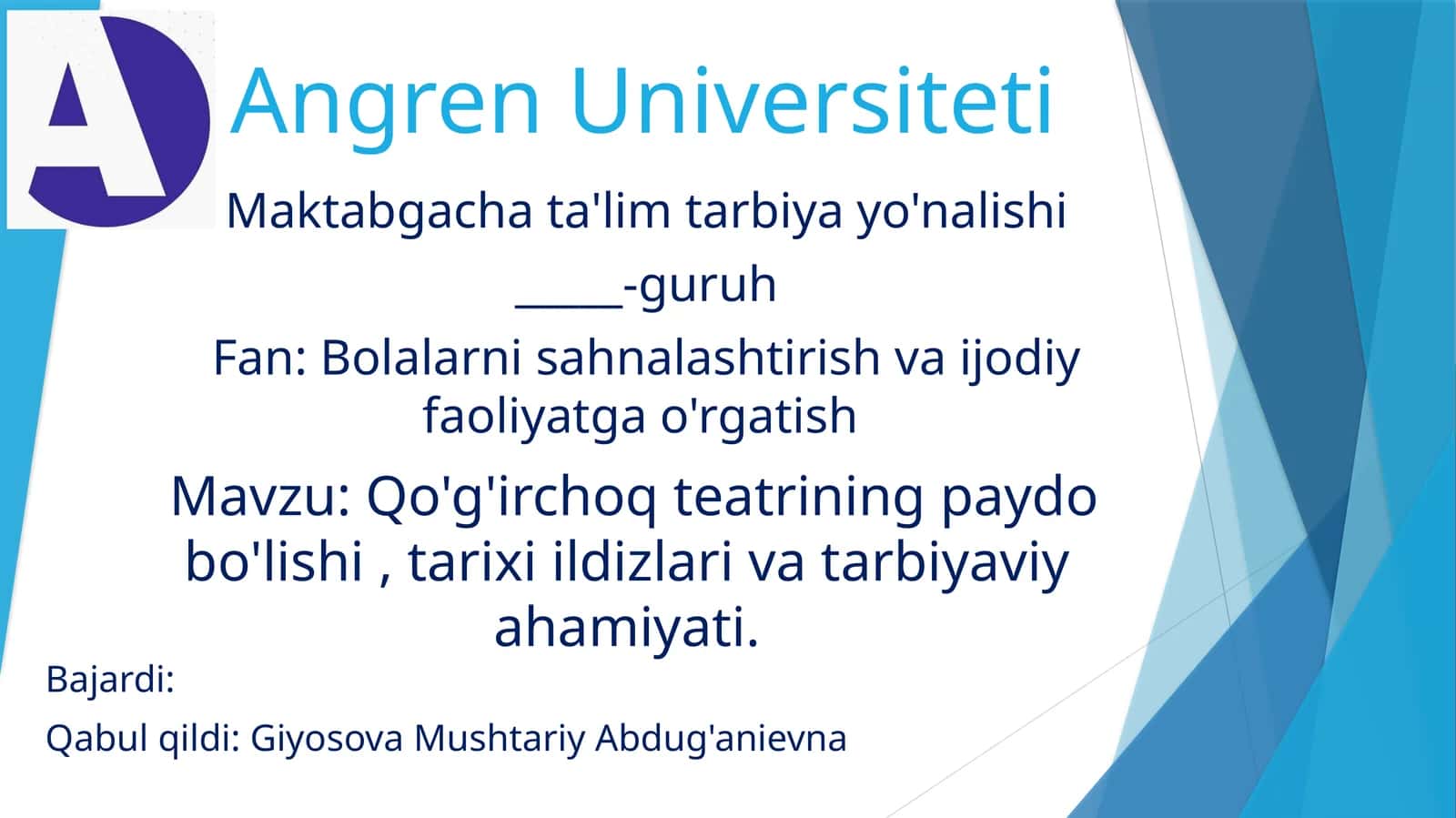 Angren Universiteti Maktabgacha Ta'lim Tarbiyayo'nalishi