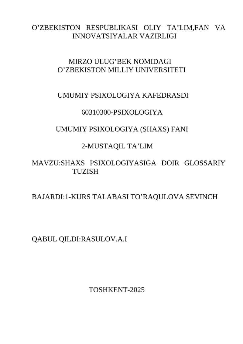 UMUMIY PSIXOLOGIYA (SHAXS) FANI
