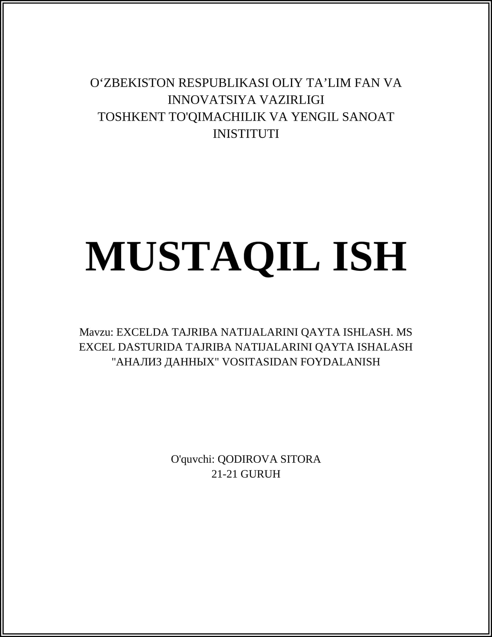 EXCELDA TAJRIBA NATIJALARINI QAYTA ISHLASH