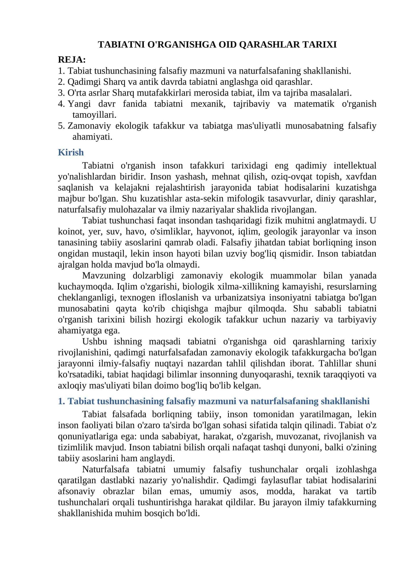 TABIATNI O'RGANISHGA OID QARASHLAR TARIXI