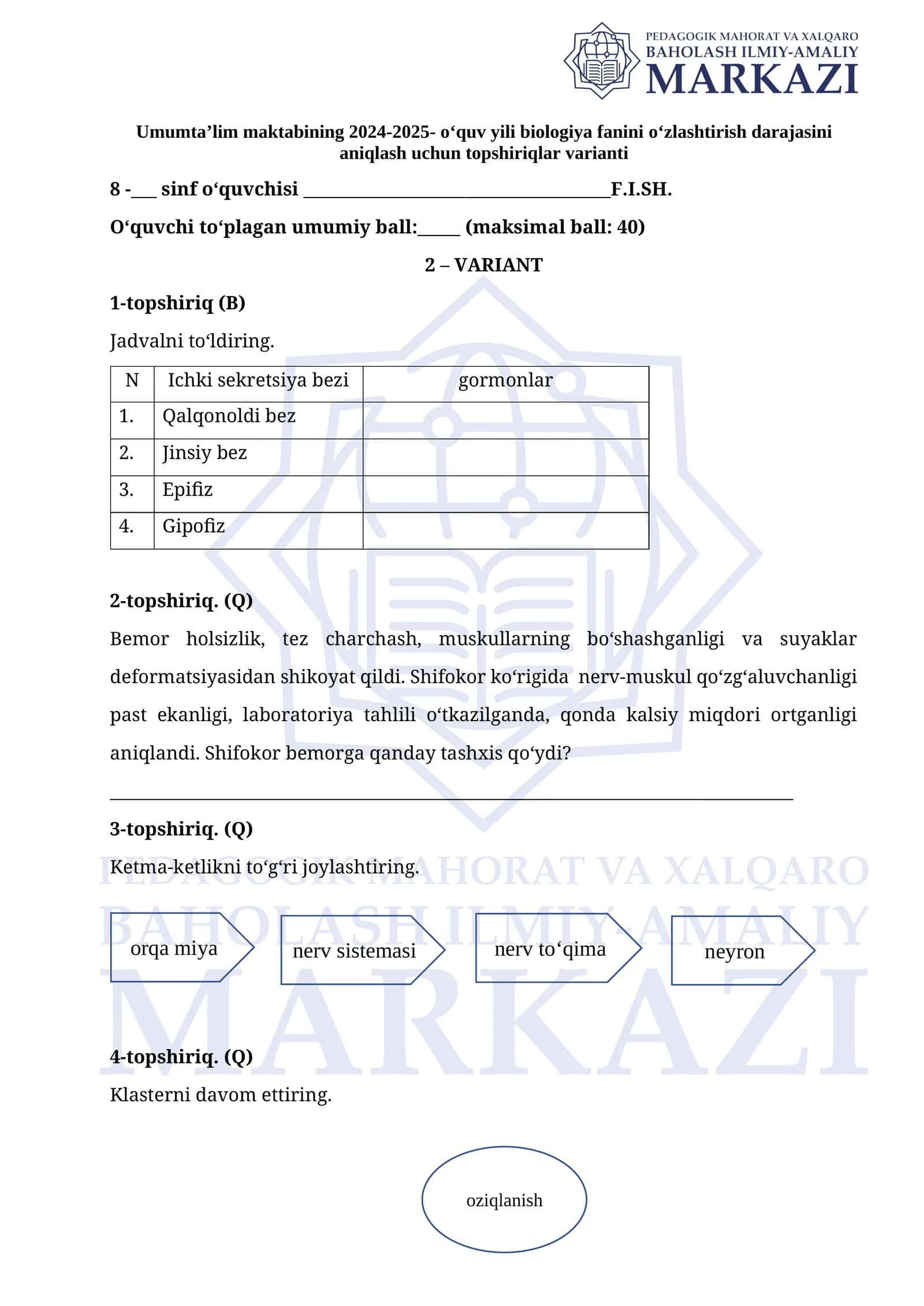 2024-2025 o‘quv yili biologiya fanini o‘zlashtirish darajasini aniqlash uchun topshiriqlar varianti