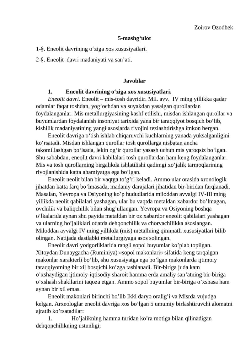 Eneolit davrining o'ziga xos xususiyatlari