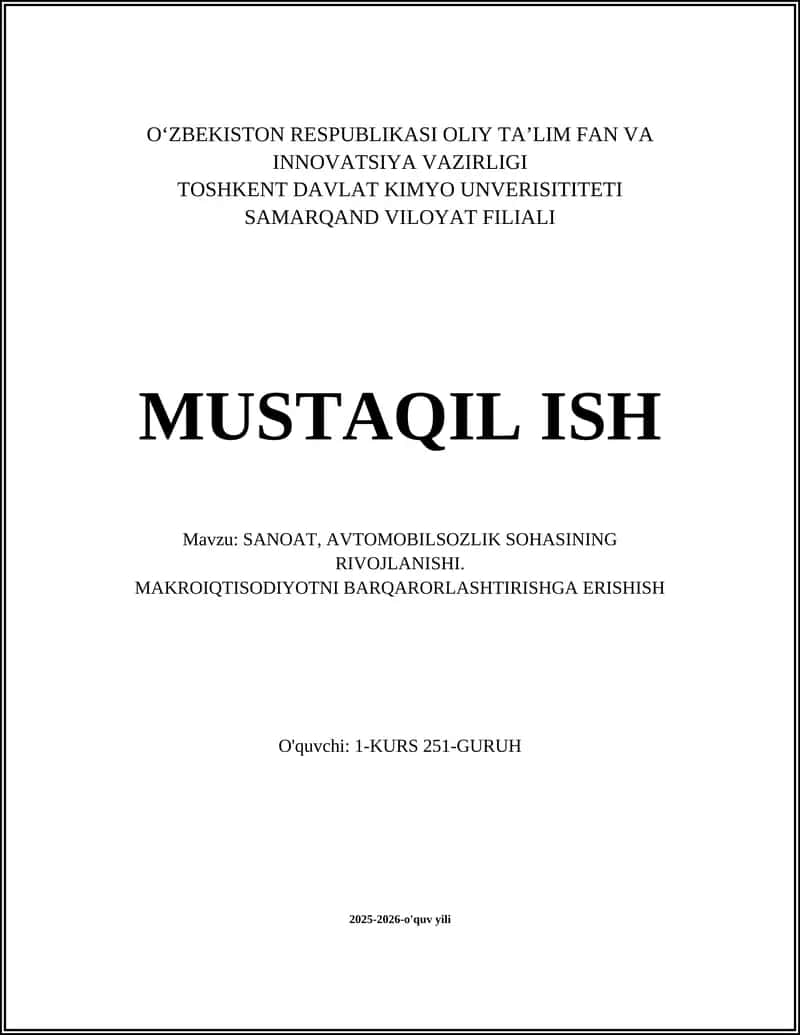 Sanoat, avtomobilsozlik sohasining rivojlanishi