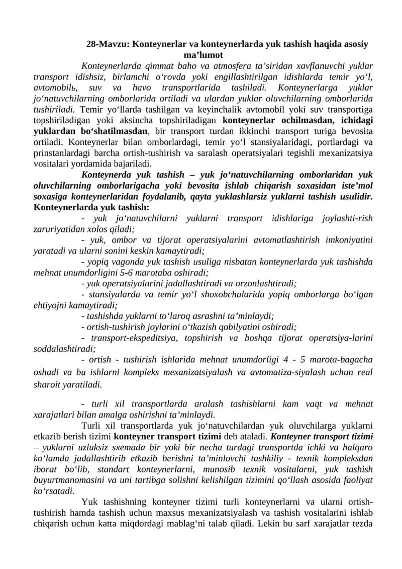 Konteynerlar va konteynerlarda yuk tashish haqida asosiy ma’lumot