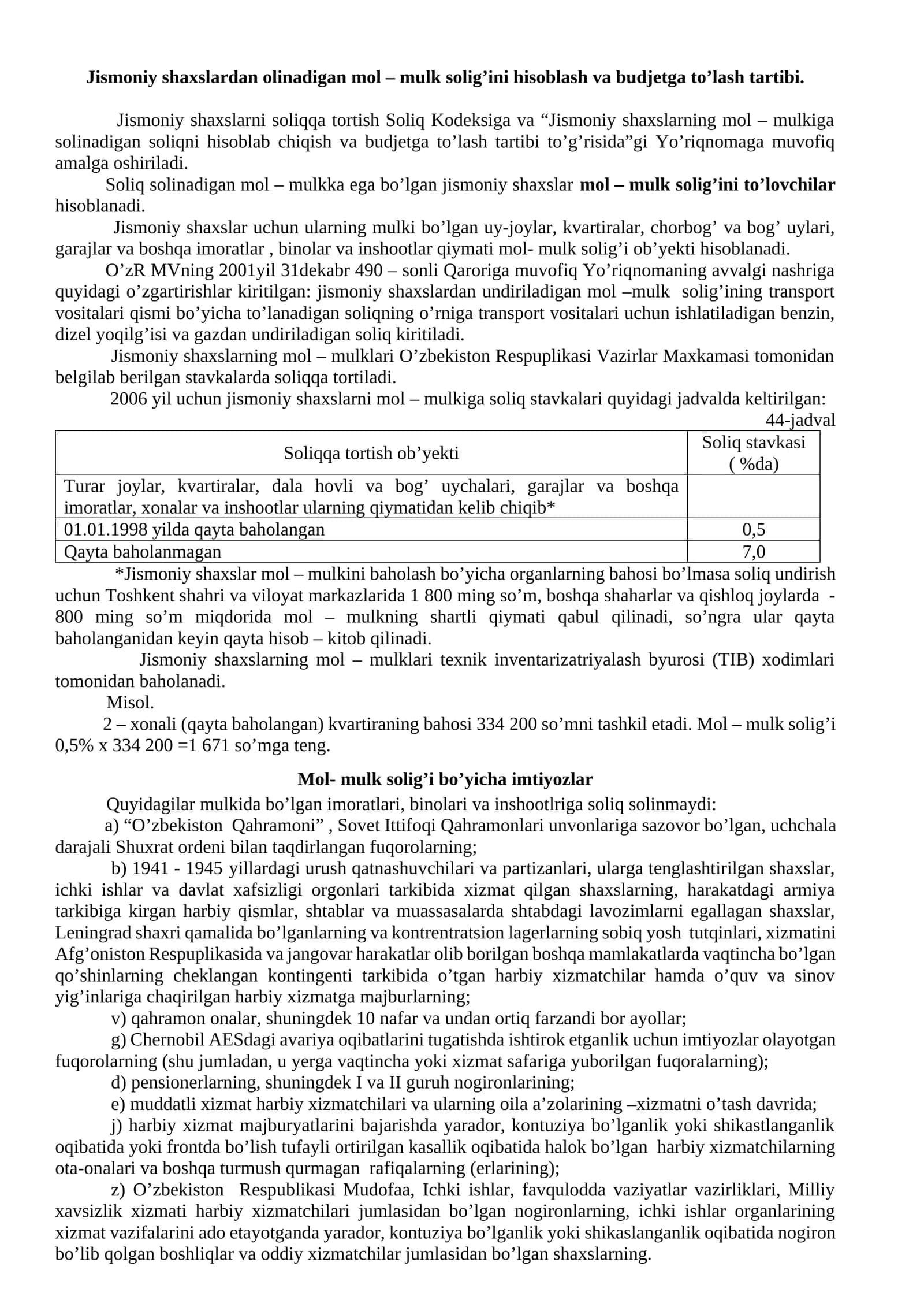 Jismoniy shaxslardan olinadigan mol – mulk solig’ini hisoblash va budjetga to’lash tartibi