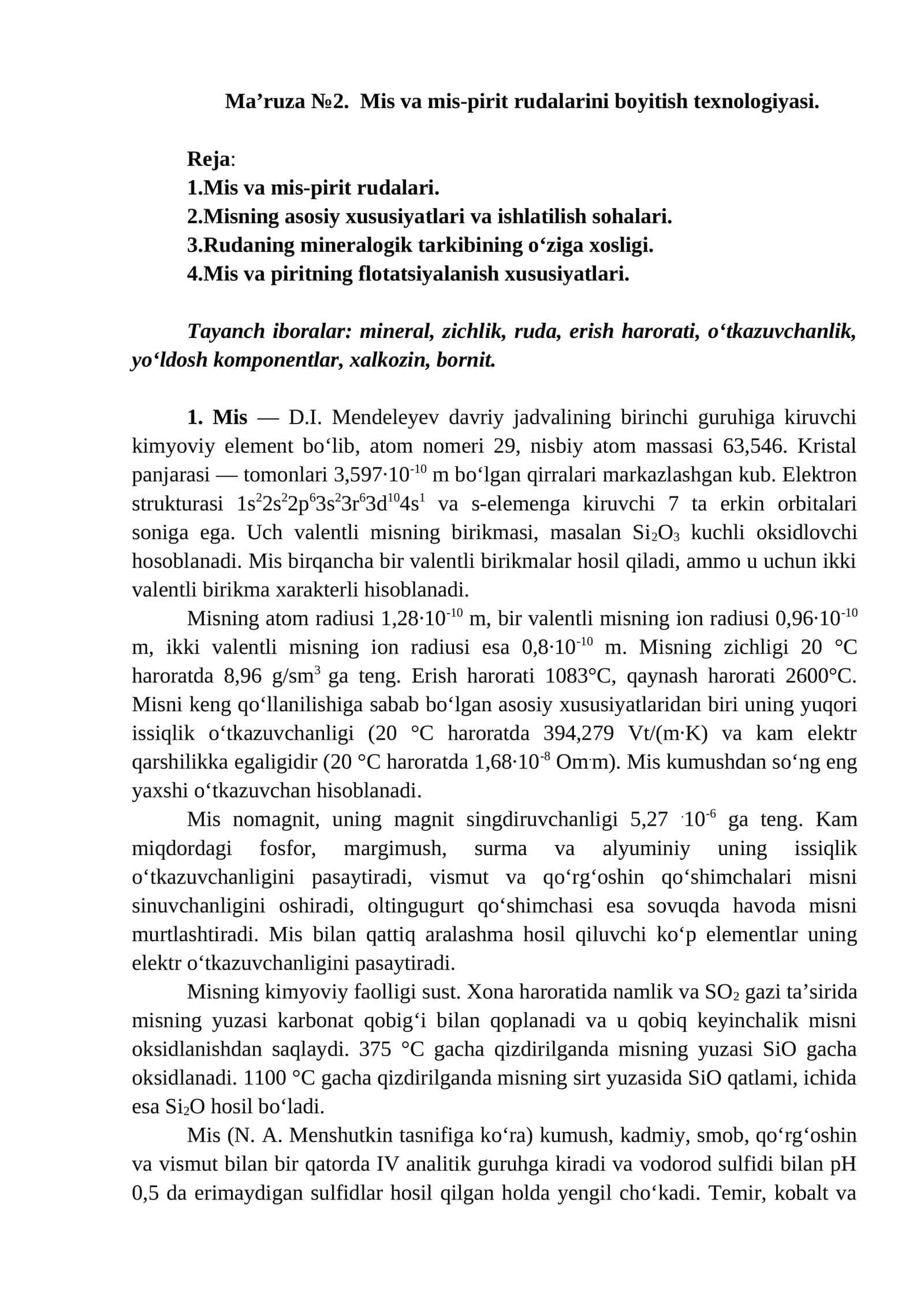 Ma’ruza №2. Mis va mis-pirit rudalarini boyitish texnologiyasi