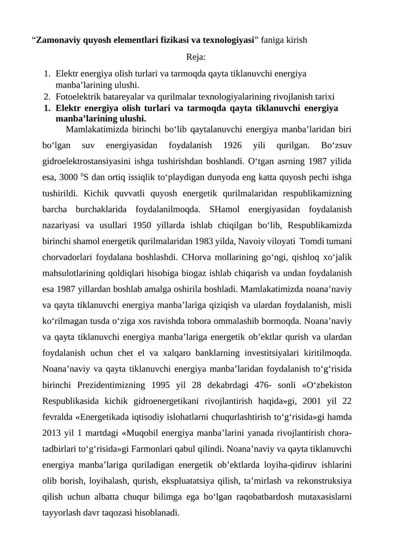 Zamonaviy quyosh elementlari fizikasi va texnologiyasi