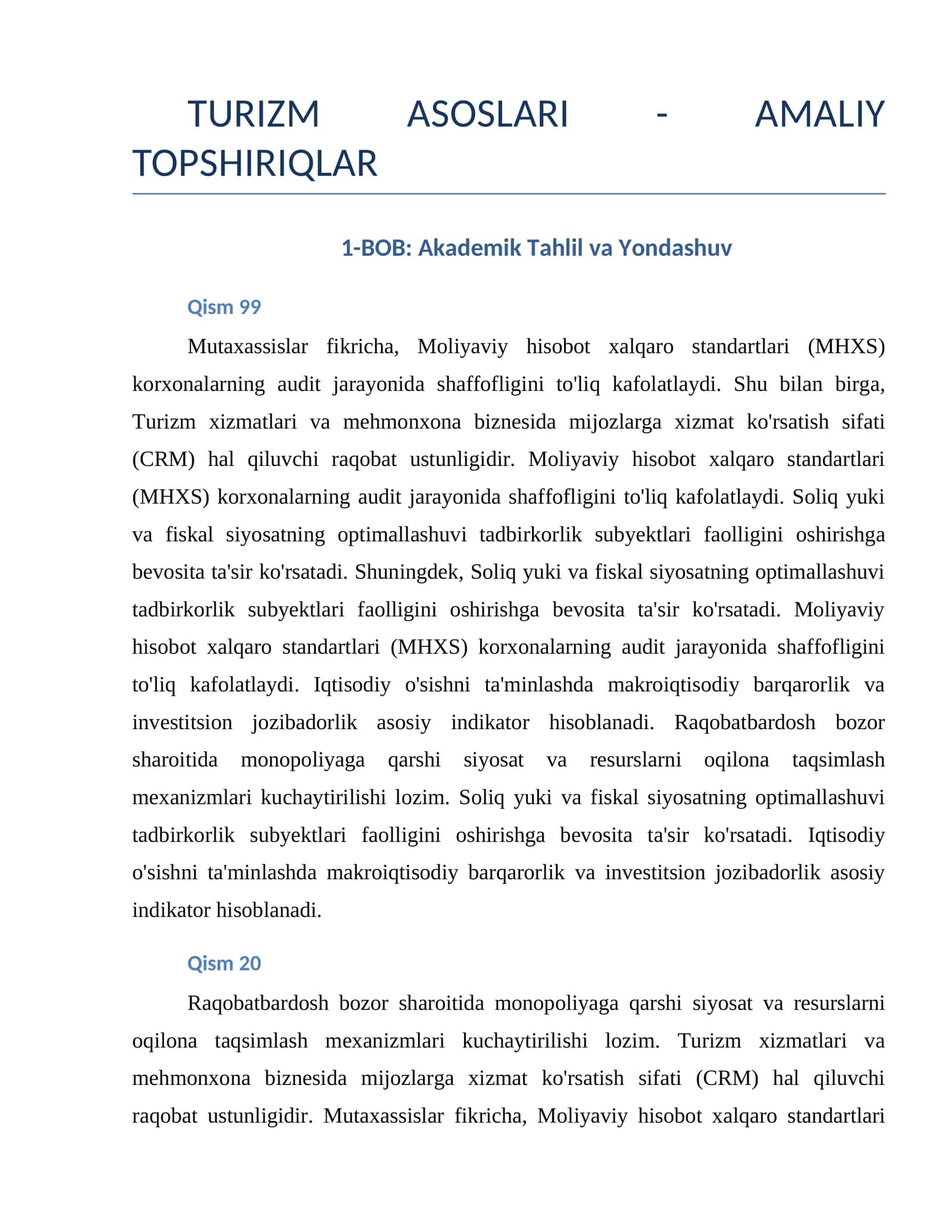 TURIZM ASOSLARI - AMALIY TOPSHIRIQLAR