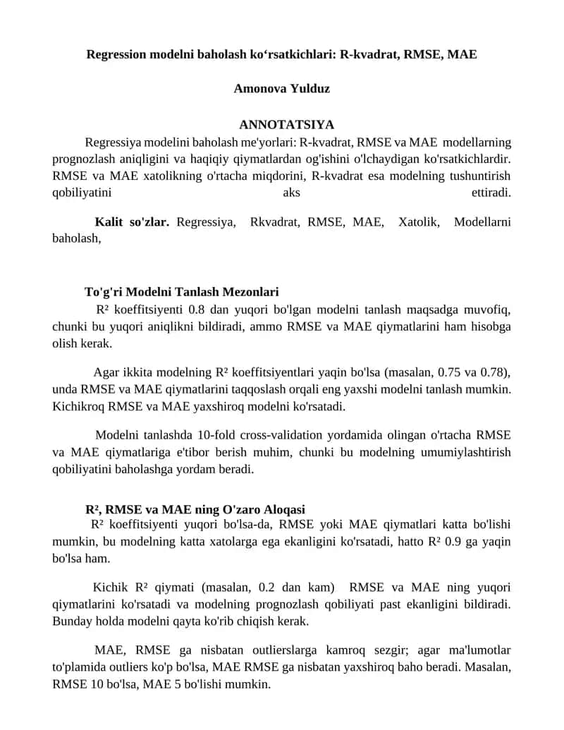Regression modelni baholash ko‘rsatkichlari: R-kvadrat, RMSE, MAE