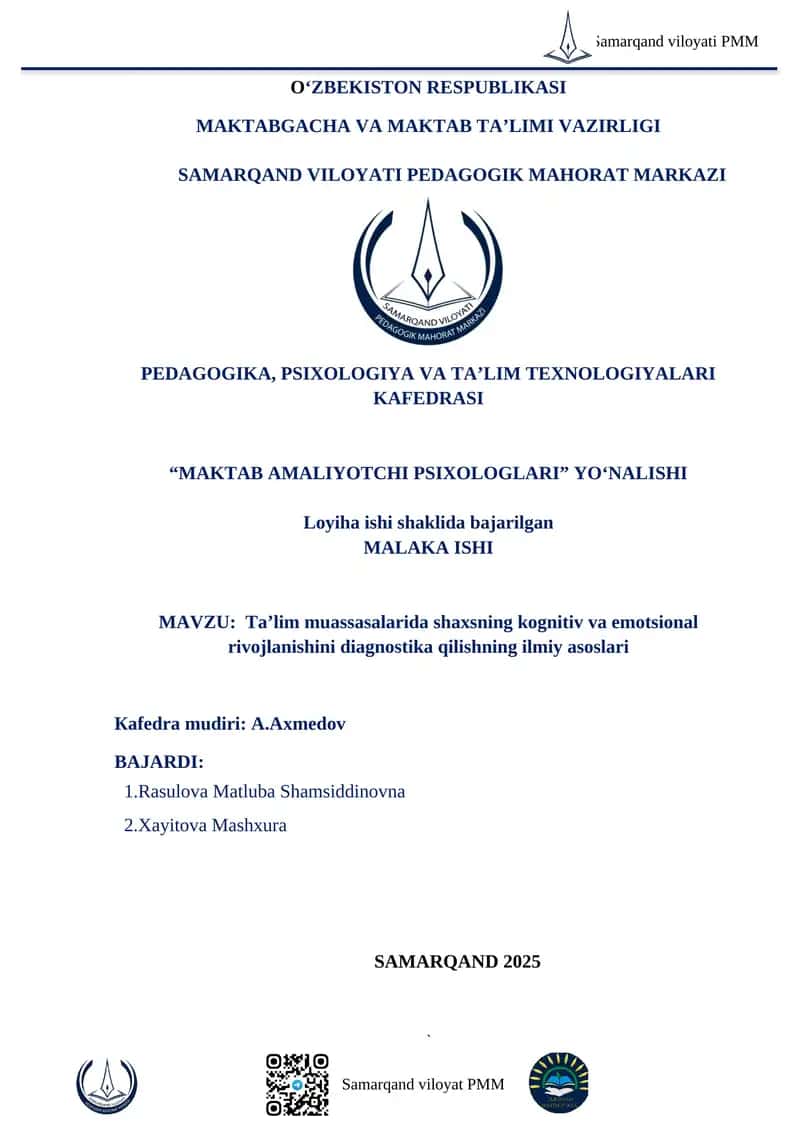 Ta’lim muassasalarida shaxsning kognitiv va emotsional rivojlanishini diagnostika qilishning ilmiy asoslari