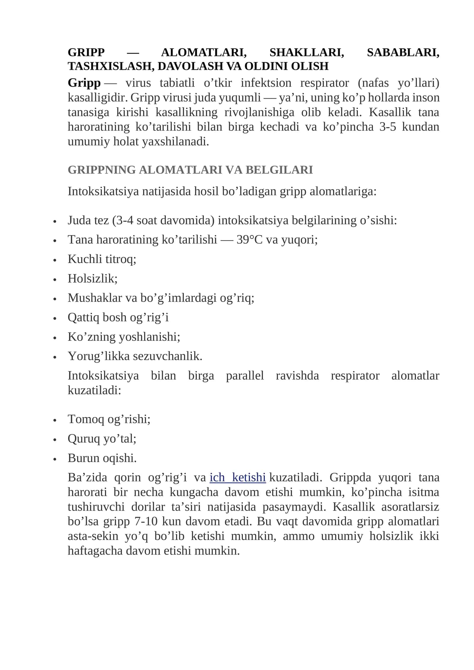 GRIPP — ALOMATLARI, SHAKLLARI, SABABLARI, TASHXISLASH, DAVOLASH VA OLDINI OLISH
