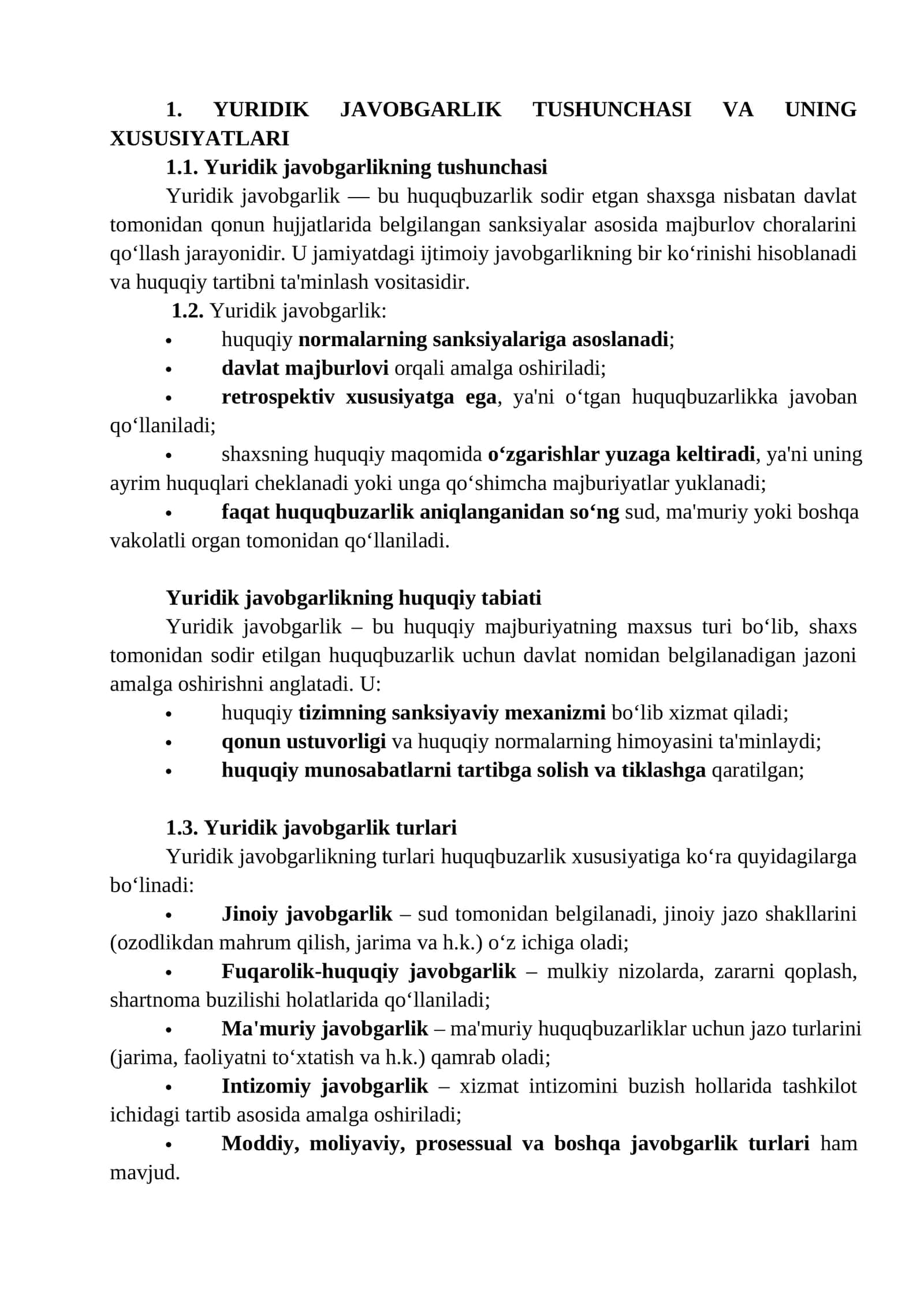 Yuridik javobgarlikning tushunchasi va uning xususiyatlari