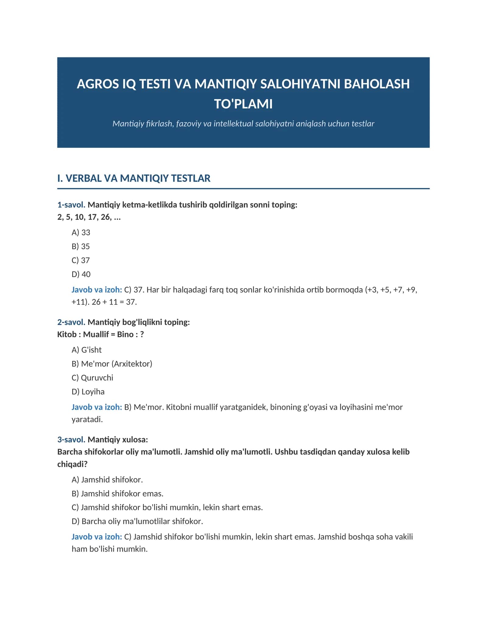 Agros IQ testi — Mantiqiy va intellektual salohiyatni baholash to'plami