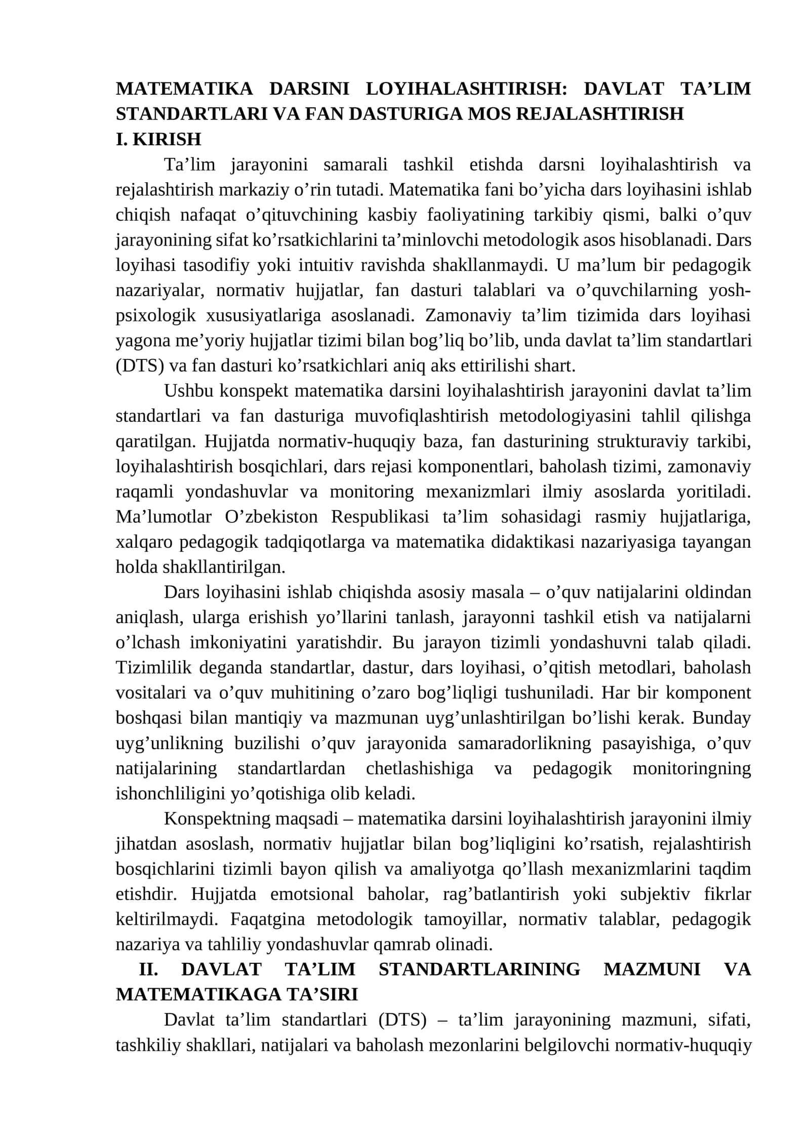 MATEMATIKA DARSINI LOYIHALASHTIRISH: DAVLAT TA’LIM STANDARTLARI VA FAN DASTURIGA MOS REJALASHTIRISH