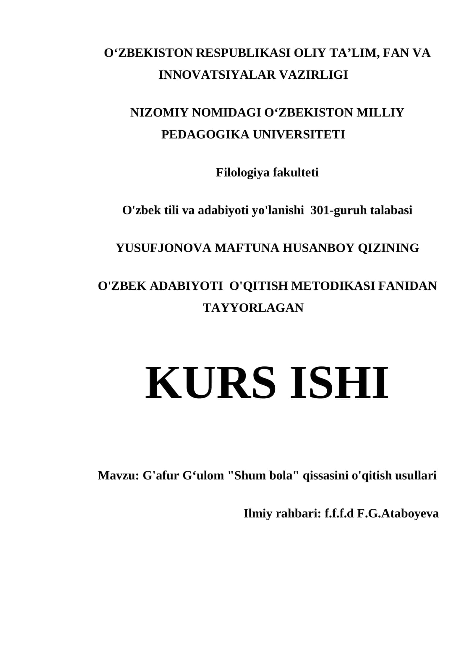 G'AFUR GʻULOM "SHUM BOLA" QISSASINI O'QITISH USULLARI