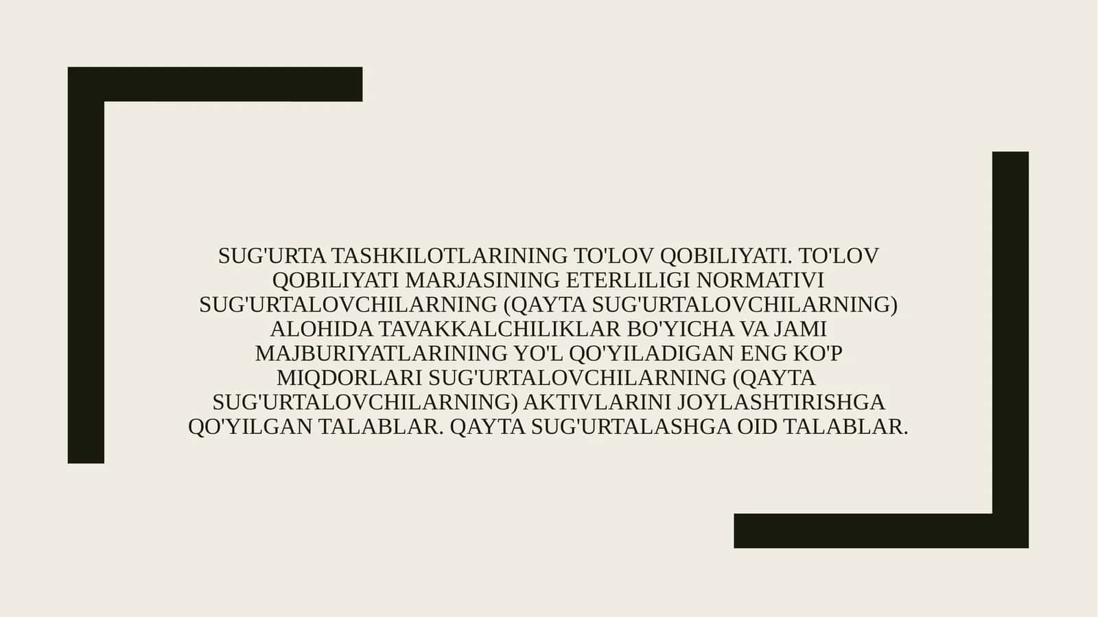 Sug'urta tashkilotlarining to'lov qobiliyati. To'lov qobiliyati marjasining eterliligi normativi Sug'urtalovchilarning (qayta sug'urtalovchilarning) alohida tavakkalchiliklar bo'yicha va jami majburiyatlarining yo'l qo'yiladigan eng ko'p miqdorlari Sug'urtalovchilarning (qayta sug'urtalovchilarning) aktivlarini joylashtirishga qo'yilgan talablar. Qayta sug'urtalashga oid talablar.