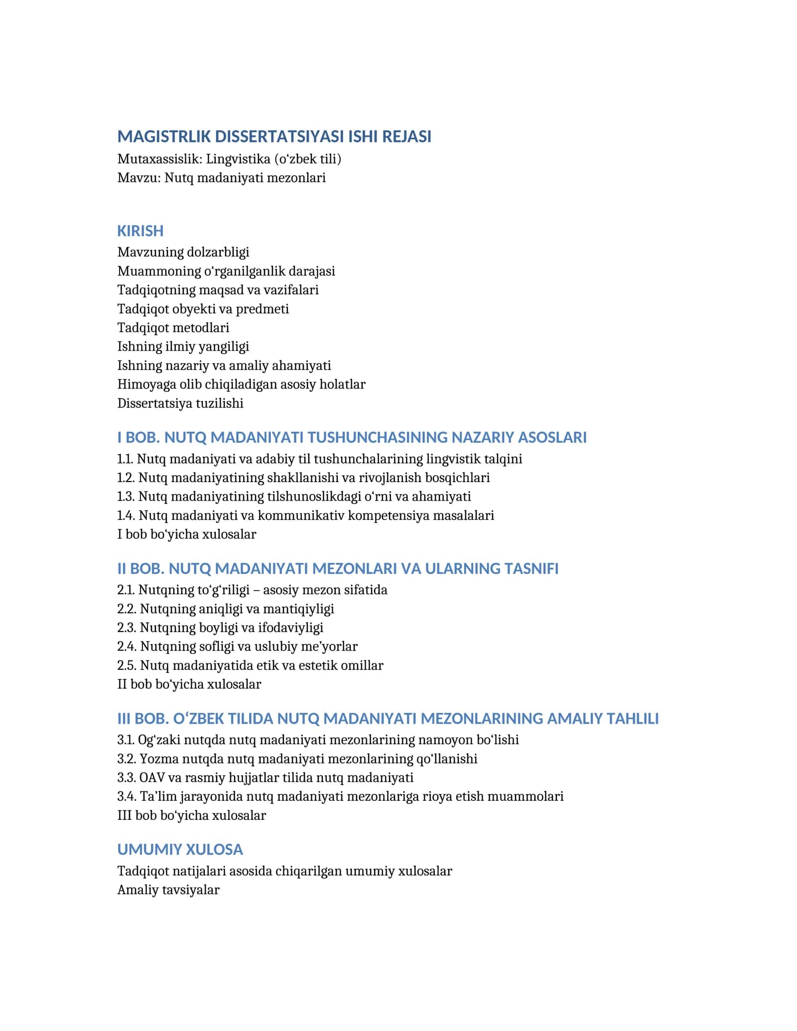 MAGISTRLIK DISSERTATSIYASI ISHI REJASI